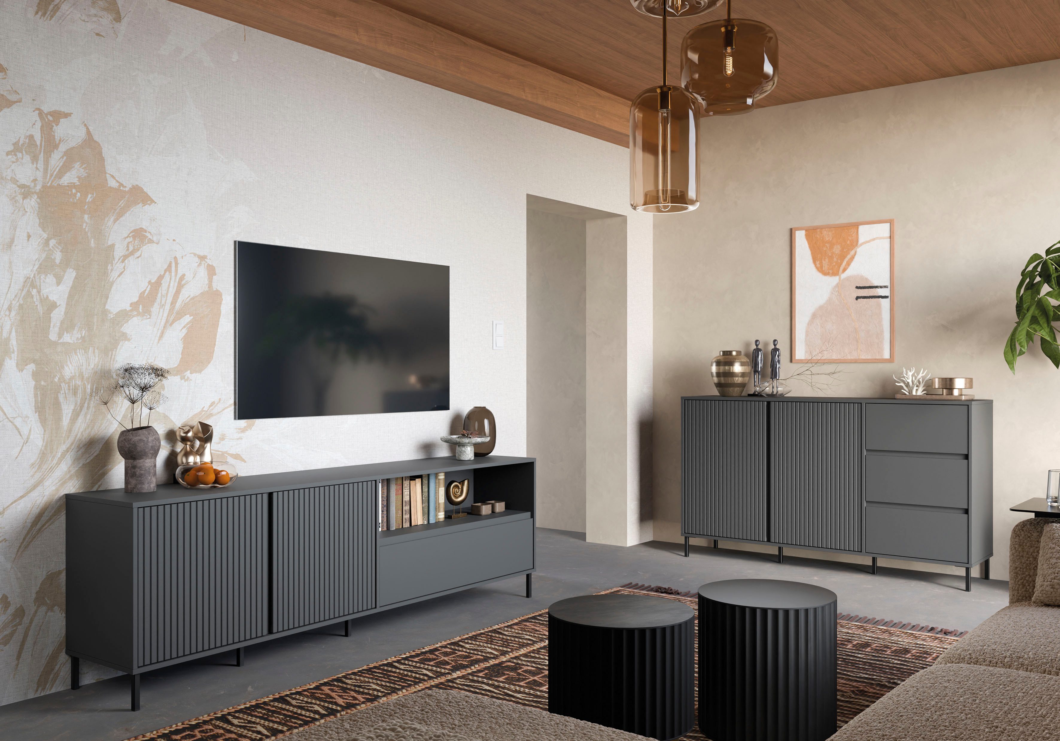 Home affaire Highboard viel Stauraum, Soft Close, 2 Türen und 2 Schubkasten, mit Metallfüßen, Höhe 105 cm, grifflos, Fronten geriffelt