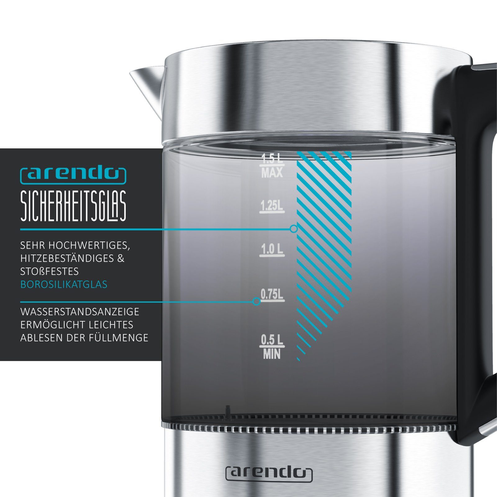 Arendo Wasserkocher aus Glas & Edelstahl, Temperatureinstellung, Basisstation, Rauchglas, 1,5 l, 2200 W, Temperatureinstellung 70° - 100° C, Warmhaltefunktion, Borosilikatglas
