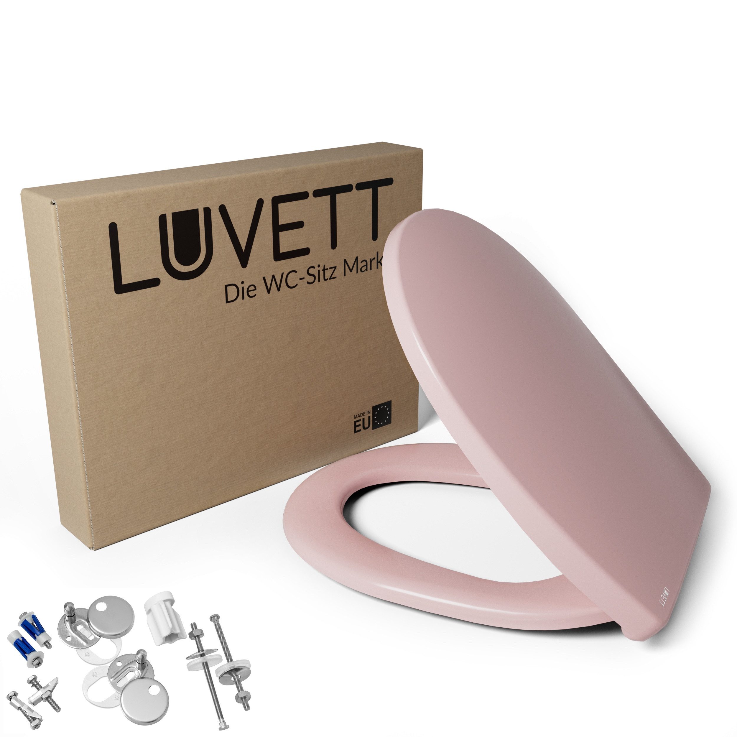 LUVETT WC-Sitz C100 mit Absenkautomatik, Duroplast sanitär, Universelle O-Form (Komplett-Set, Inklusive 3 Befestigungsarten), mit Original SoftClose® Absenkautomatik, Duroplast