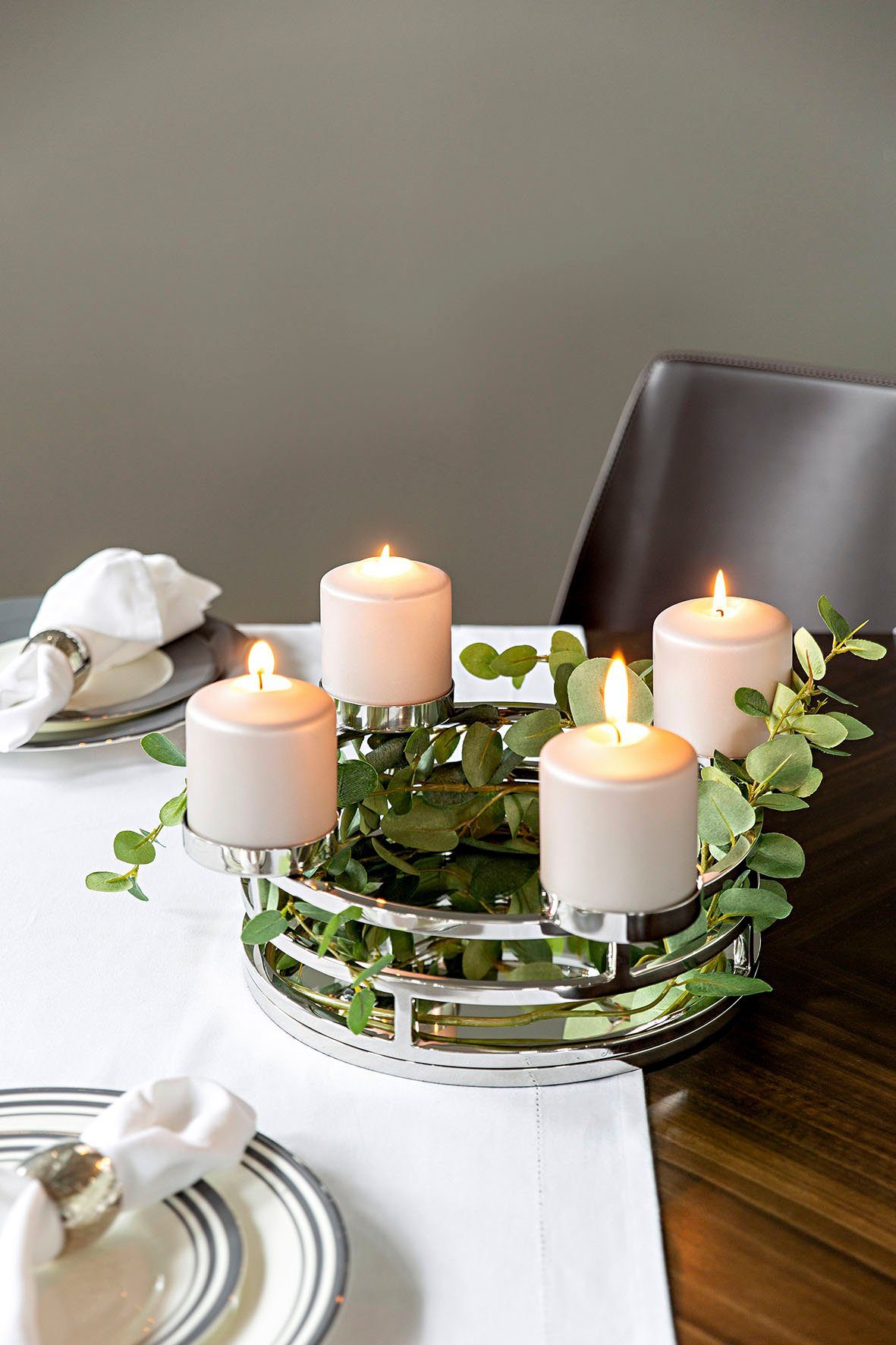 Fink Adventsleuchter MODENA, für 4 Stumpenkerzen Ø 8 cm, Deko-Tablett für Weihnachten (1 St), Adventskranz, Ø 38 cm, Kerzenhalter aus Edelstahl, Weihnachtsdeko