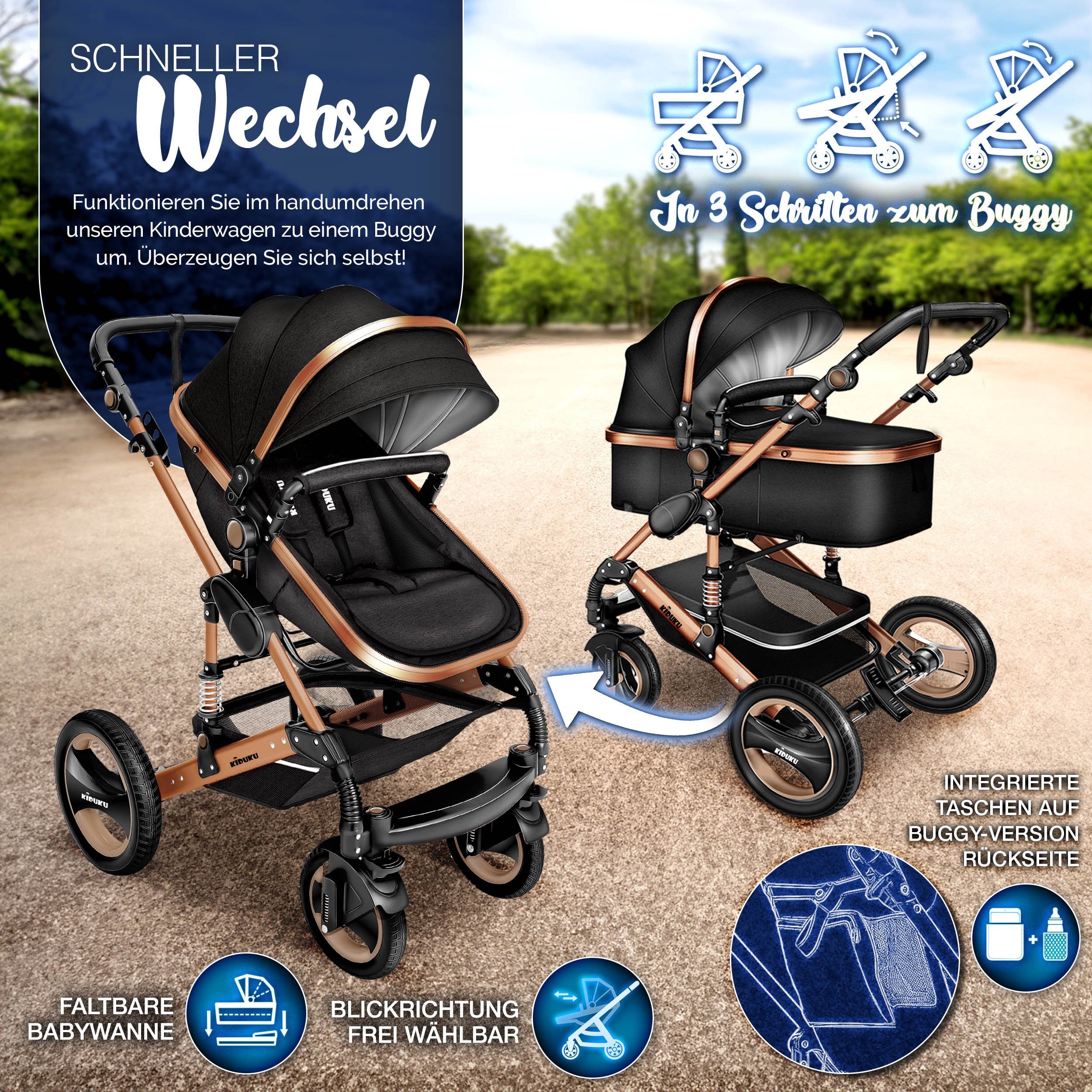 KIDUKU Kombi-Kinderwagen KIDUKU® 3 in 1 Kombi-Kinderwagen Buggy Reisebuggy inkl. Auto- Babyscha, Kindertisch