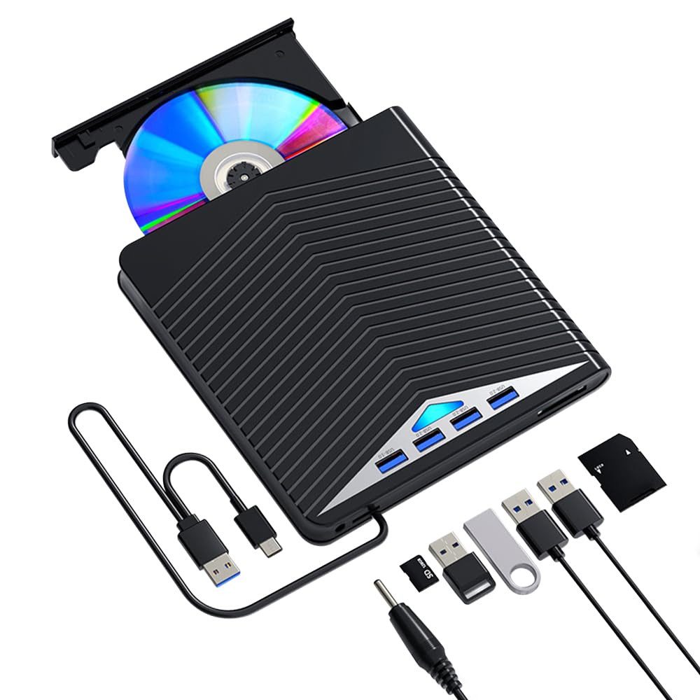 Lisabonde Externes CD/DVD-Laufwerk, USB 3.0, kompatibel mit Windows & Mac OS DVD-Brenner (USB 3.0, USB 2.0, SD-Kartenslot, DVD 8x/CD 24x, Integrierter USB-Hub, RGB, rutschfeste Standfüße, Plug & Play)