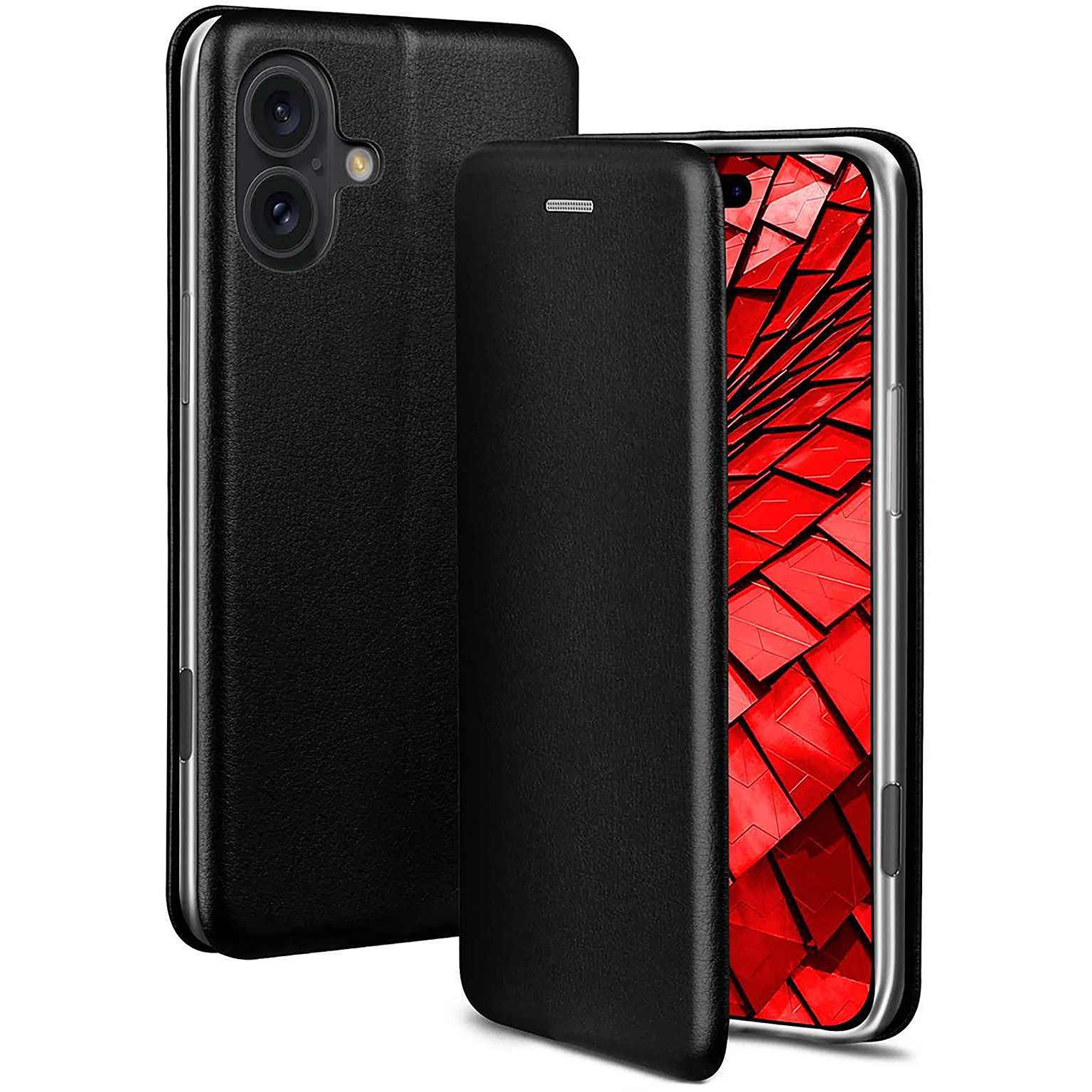 ONEFLOW Handyhülle für iPhone 16 Plus Premium Hülle Business Cover Schwarz 6,7 Zoll, 360 Grad Schutzhülle Flip Case Etui Klapphülle Dünn Leder Handy Tasche