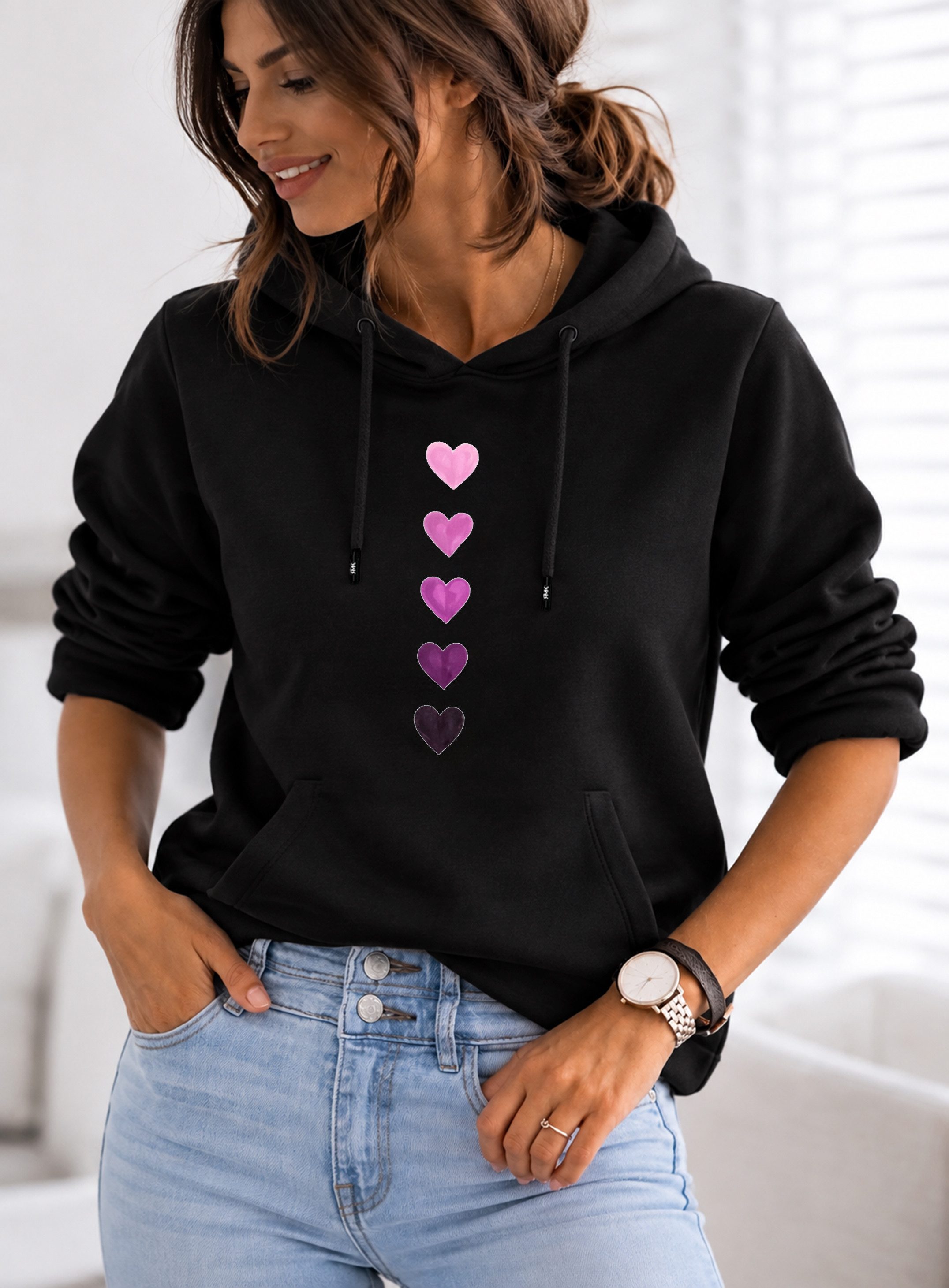 RMK Hoodie Kapuzenpullover Damen Winter Pullover Fleece Basic Herz