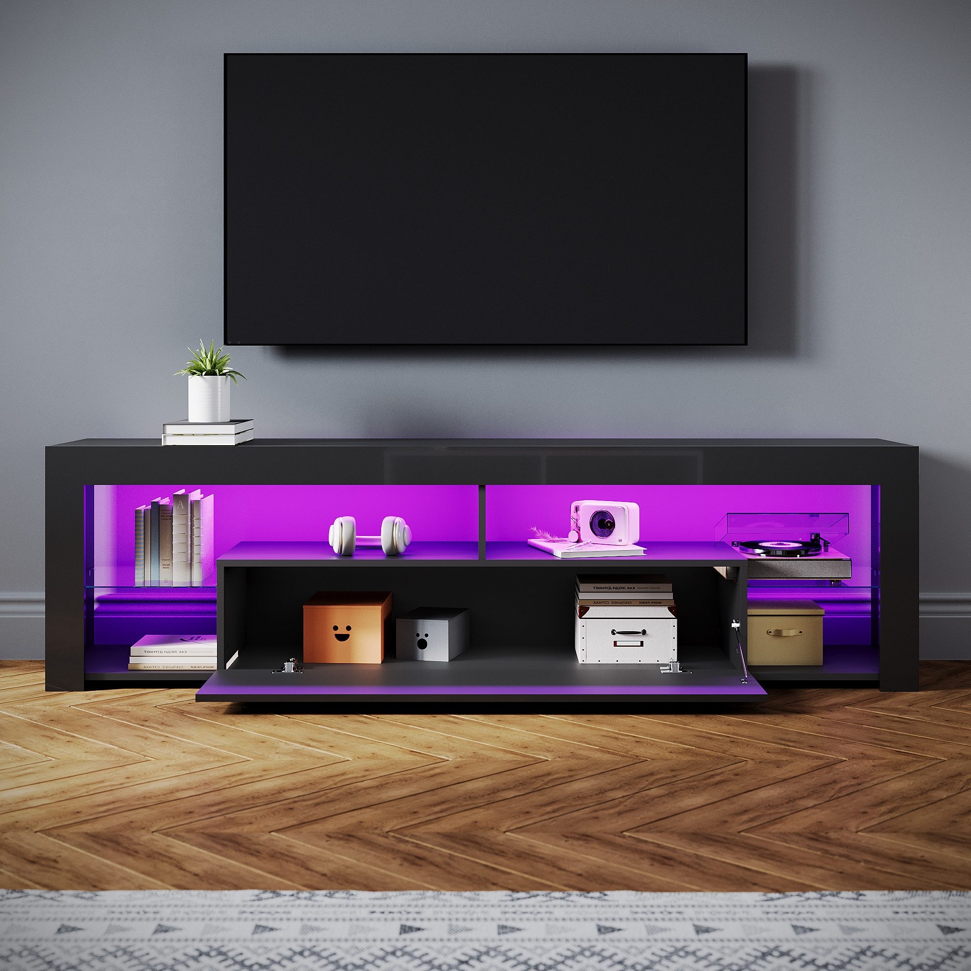 SONNI TV-Schrank Lowboard TV Schrank Schwarzer mit RGB-Lichteinblendung 140-180cm Mit 12 LEDs, Fernsehtisch mit Glas-Scheiden für Wohnzimmer