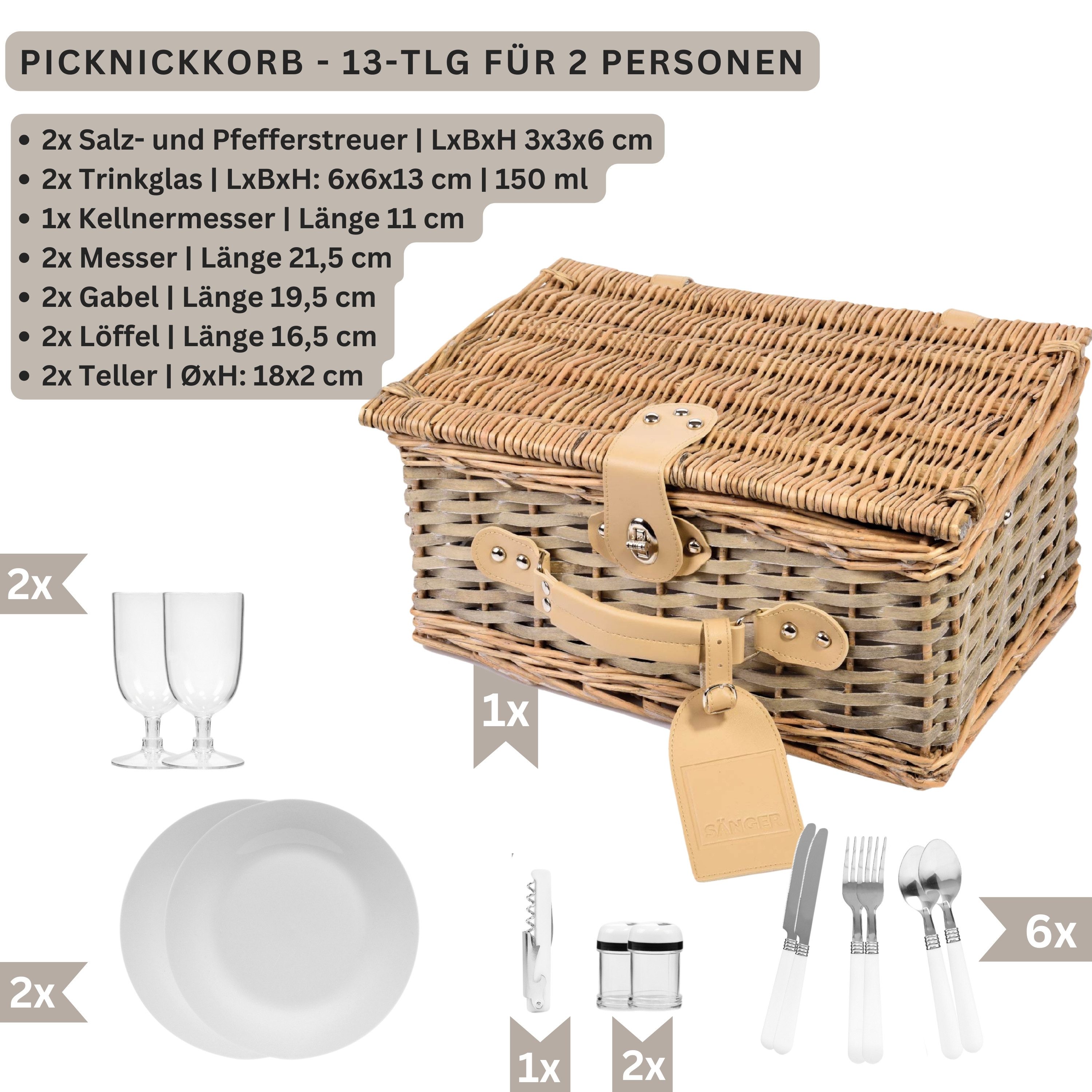 SÄNGER Picknickkorb Amrum (Set, 13 St., Picknickkorb), 38x26x19 cm, 2 Personen, Geschirr, Komplettset mit Kühltasche