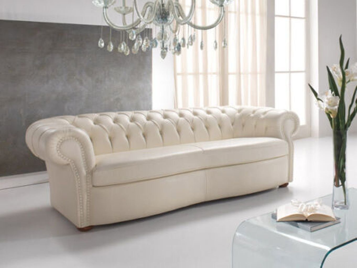 JVmoebel Chesterfield-Sofa, Design Chesterfield Sofa 3 Sitzer Weiß Couch Polster