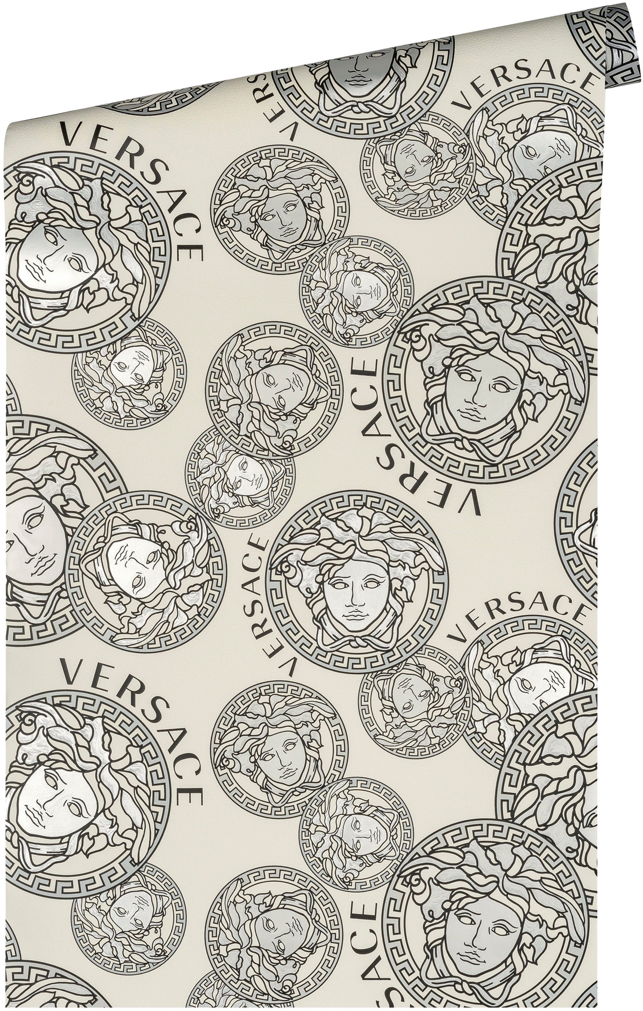 Versace Vliestapete Wallpaper Versace Medusakopf, Designertapete (1 leicht St), leicht weiß/schwarz/silberfarben 5 strukturiert, glänzend