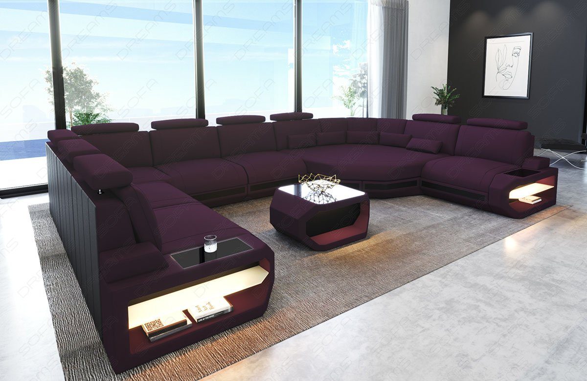 Sofa Dreams Wohnlandschaft Stoff Couch Polster Sofa Asti, U Form Stoffsofa mit LED, Ecke große Sitzefläche, USB, Designersofa
