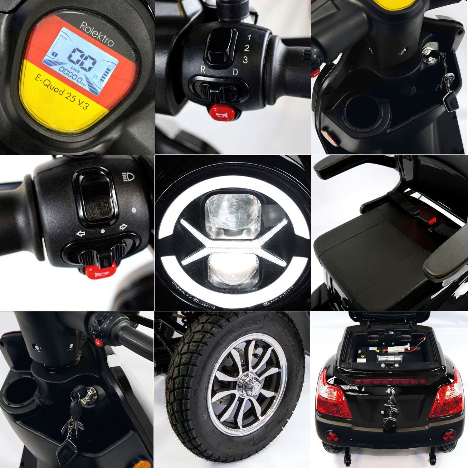 Elektromobil E-Quad (mit 25 Rolektro Rolektro V.3, 25 Akku, schwarz km/h, Lithium Topcase)