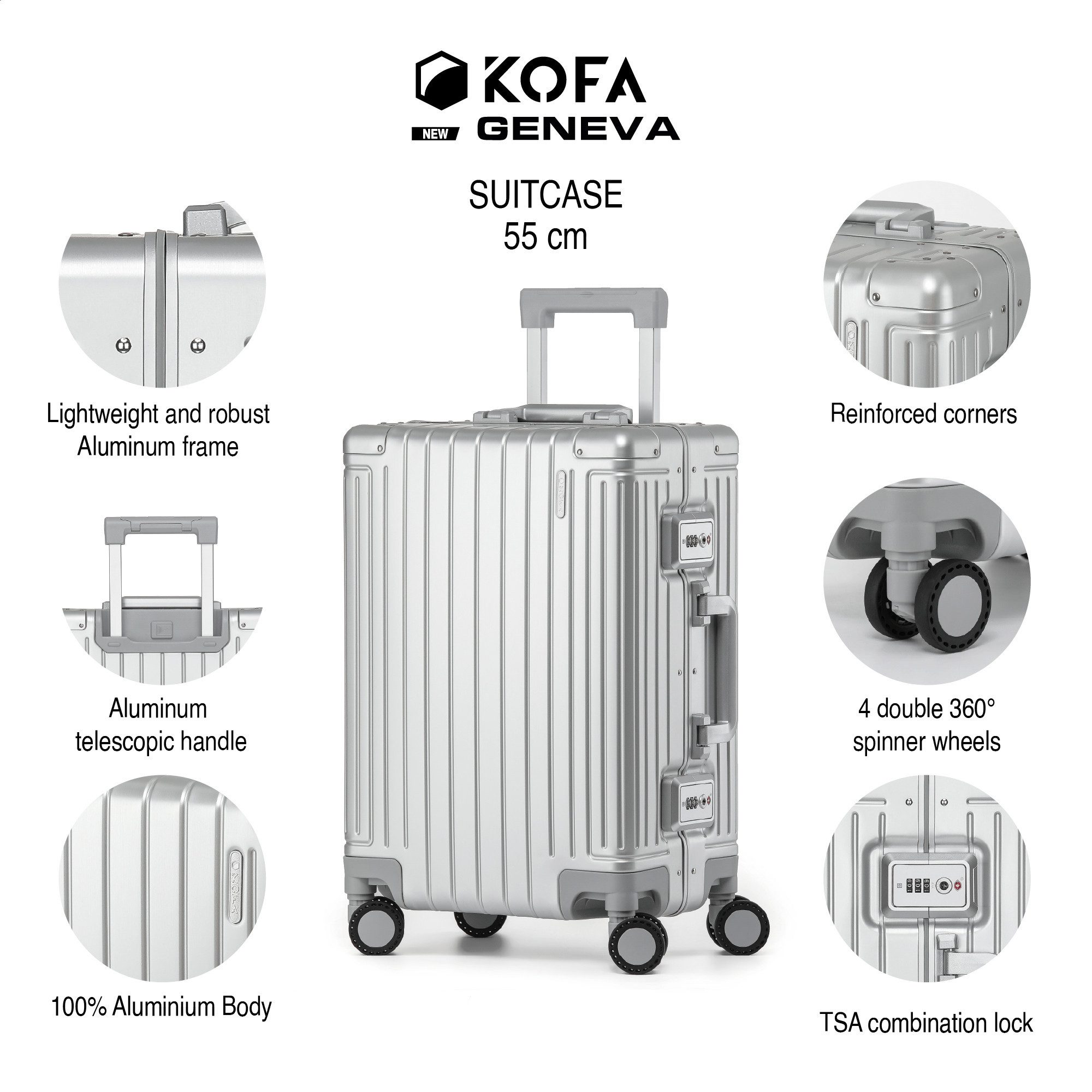 KOFA Handgepäckkoffer GENEVA, 55cm 100% Aluminium Hartschale, 4 Rollen, TSA Schloss