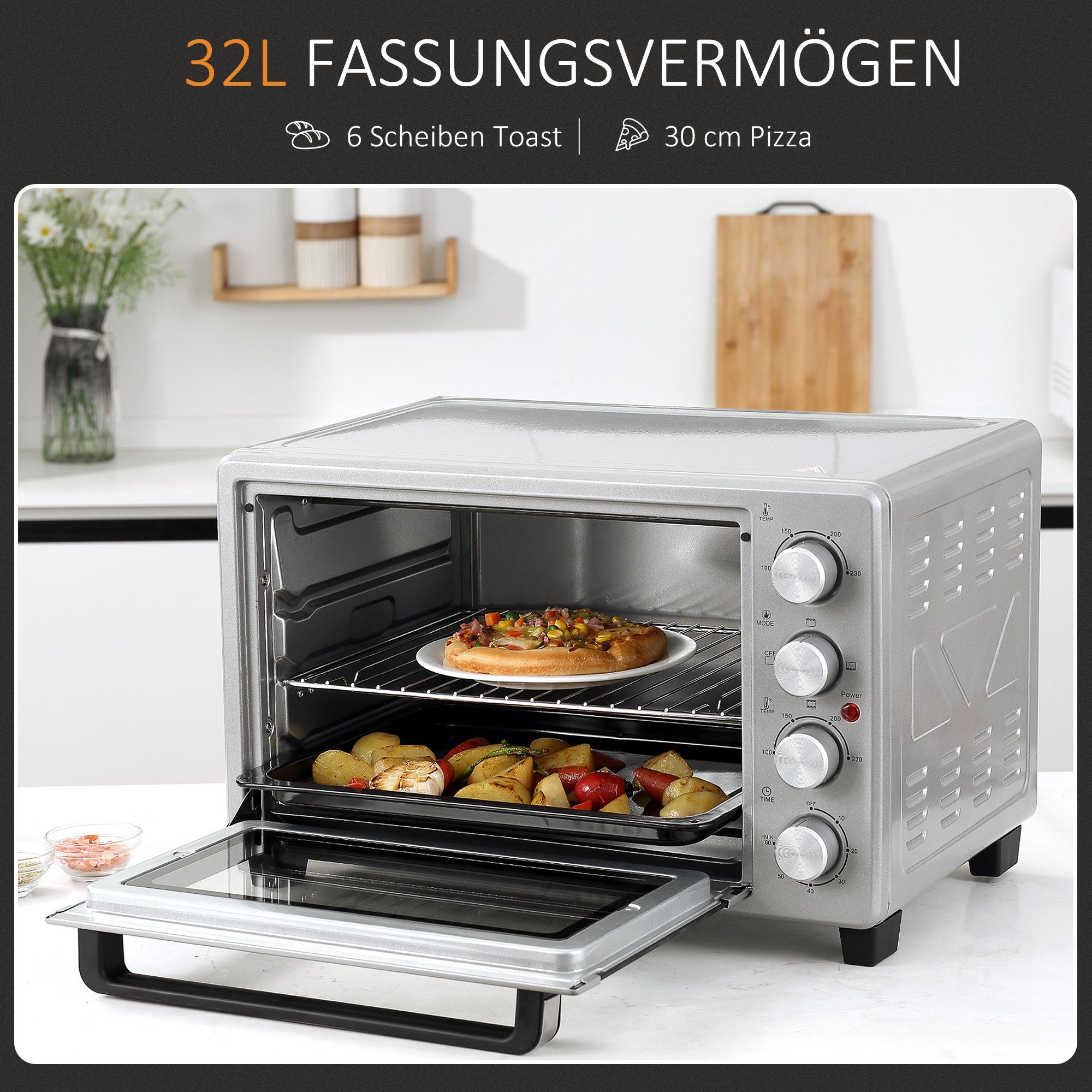 HOMCOM Minibackofen 32L Mini Ofen mit Grillrost, Backblech, 3 Kochmodi, Silber 52,2 x 38,1 x 33,5 cm