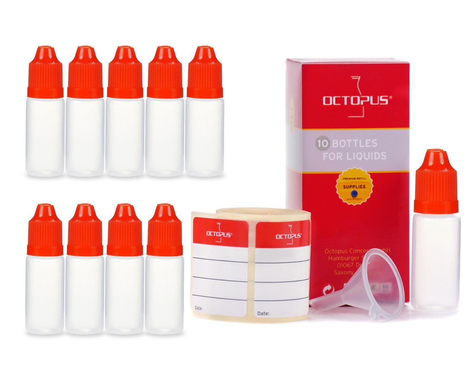 OCTOPUS Kanister 10 Plastikflaschen 10 ml aus LDPE, G14, Tropfverschluss, Kindersicheru (10 St)