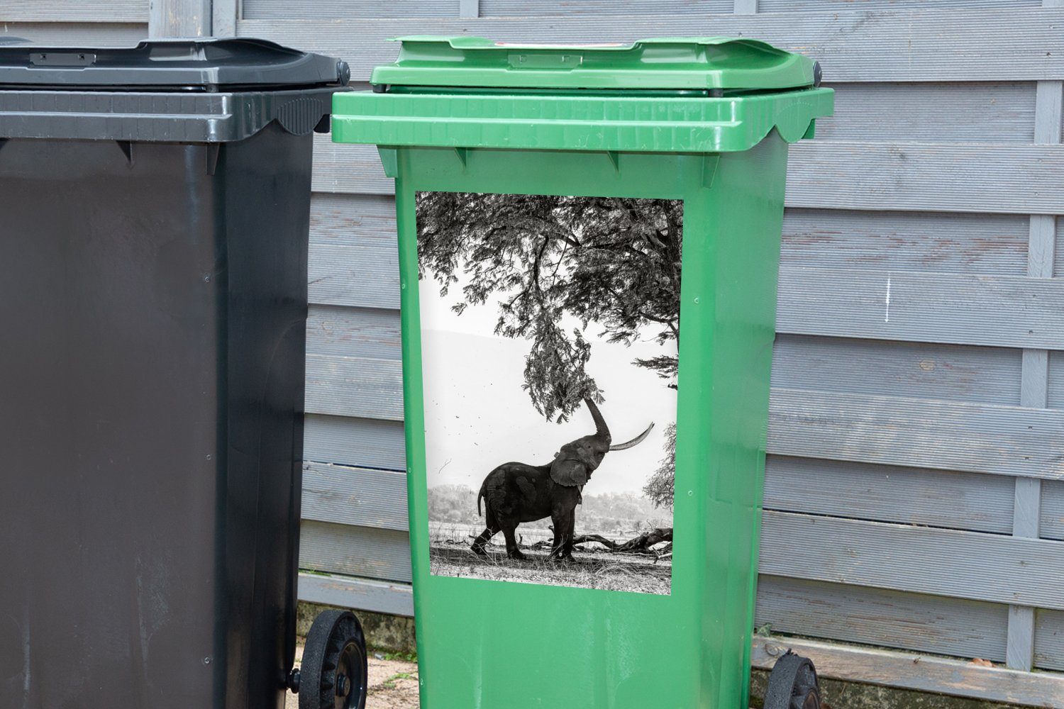 Elefant - Mülltonne, Tiere Abfalbehälter Container, Sticker, Wandsticker - MuchoWow - Baum und Mülleimer-aufkleber, Schwarz St), (1 weiß