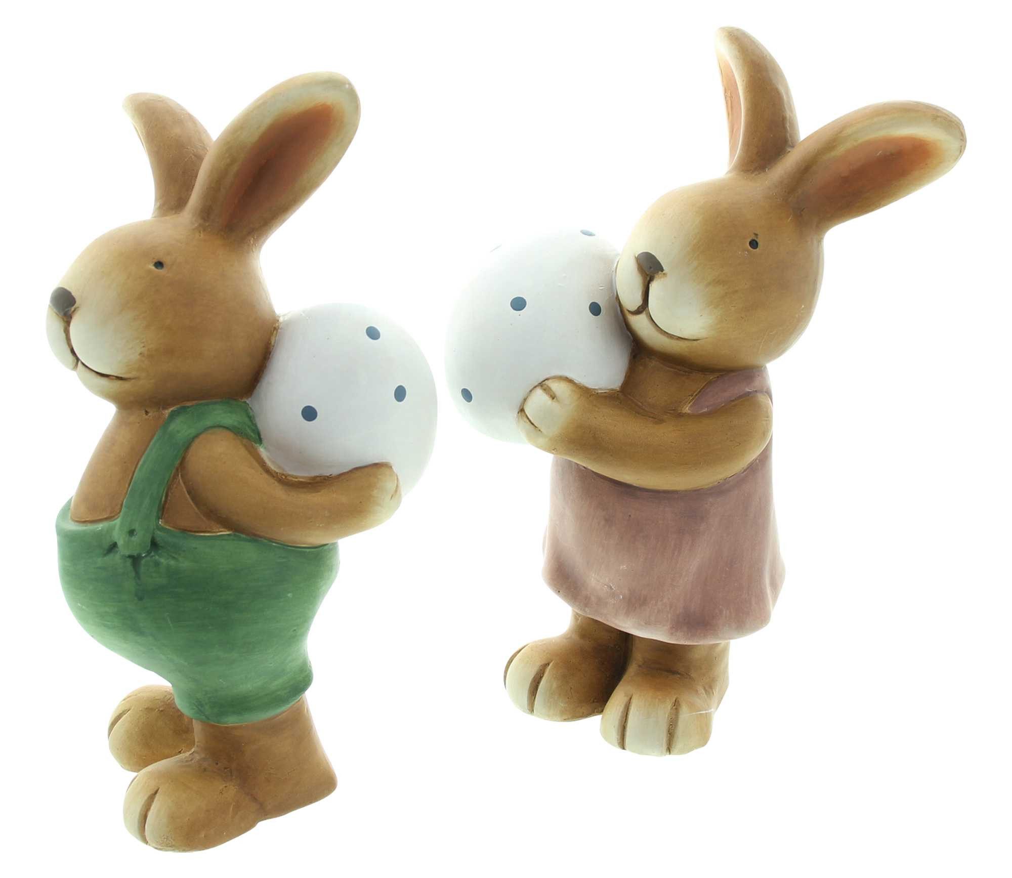 Dekoleidenschaft Osterhase Dekofigur "Hase mit Osterei" aus Terracotta, 26 cm hoch, Osterdeko (2 St., im Set), Gartendeko für Draußen, Osterfigur, Figurenset, Gartendekofigur