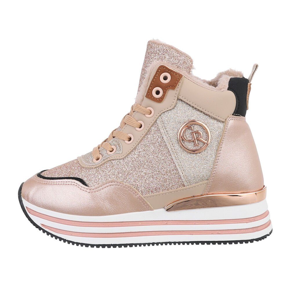 Ital-Design Damen High-Top Freizeit Sneakerboots Keilabsatz/Wedge Sneakers High in Roségold