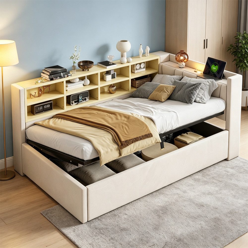 OKWISH Schlafsofa Kinderbett, mit hydraulischem Stauraum, Nachtlicht, USB- & Typ-C-Ladeanschluss und Ablagen, Polsterbett, Gepolstertes Samtsofa 90x200 cm, ohne Matratze