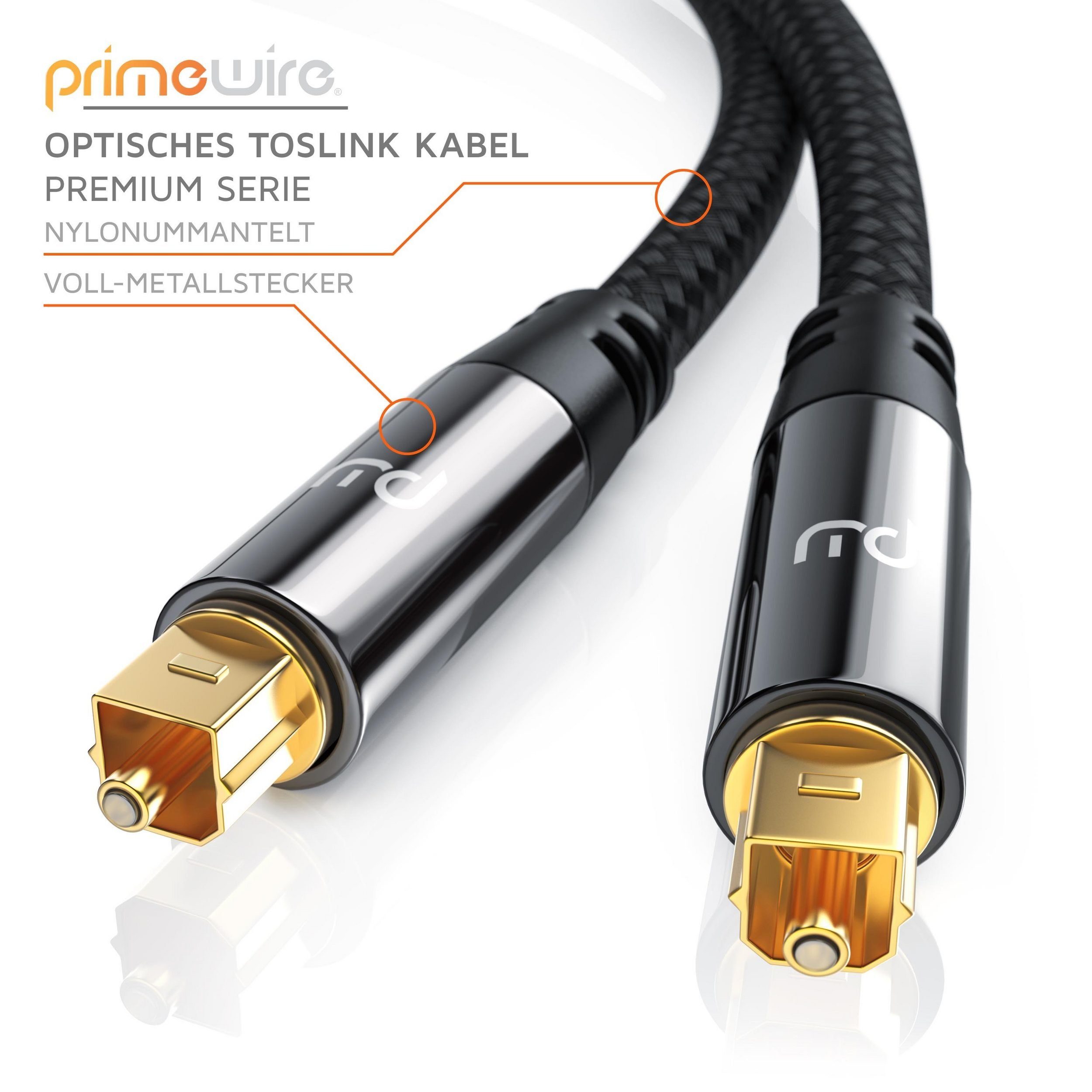 Primewire Lichtwellenleiter mit Metallstecker & Nylonmantel, Audiokabel - 2m Optisches-Kabel, S/PDIF, Toslink (200 cm), digitale Klangübertragung ohne Störungen – Bild 2 von 4