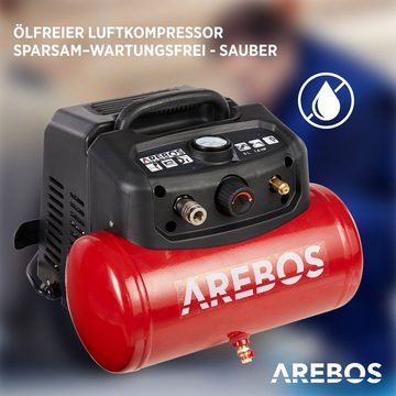 Arebos Kompressor 6L Druckluftkompressor, inkl. . Zubehör, Wartungsarm, 1200 W, max. 8,00 bar, Set, 13tlg. Druckluft-Set + Spiralschlauch, Ölfreier Kompressor für lange und wartungsarme Lebensdauer