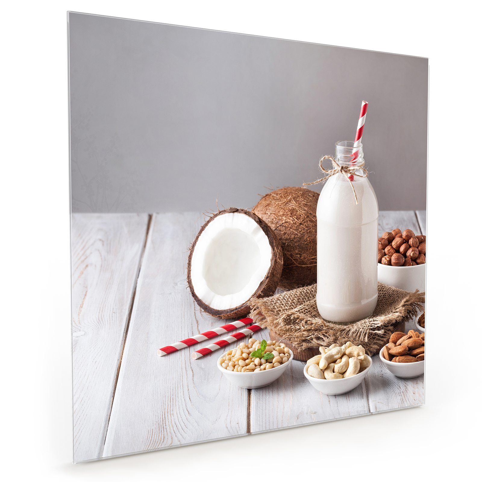 Primedeco Küchenrückwand Küchenrückwand Spritzschutz Glas mit Motiv Milch und Kokosnuss | Küchenrückwände
