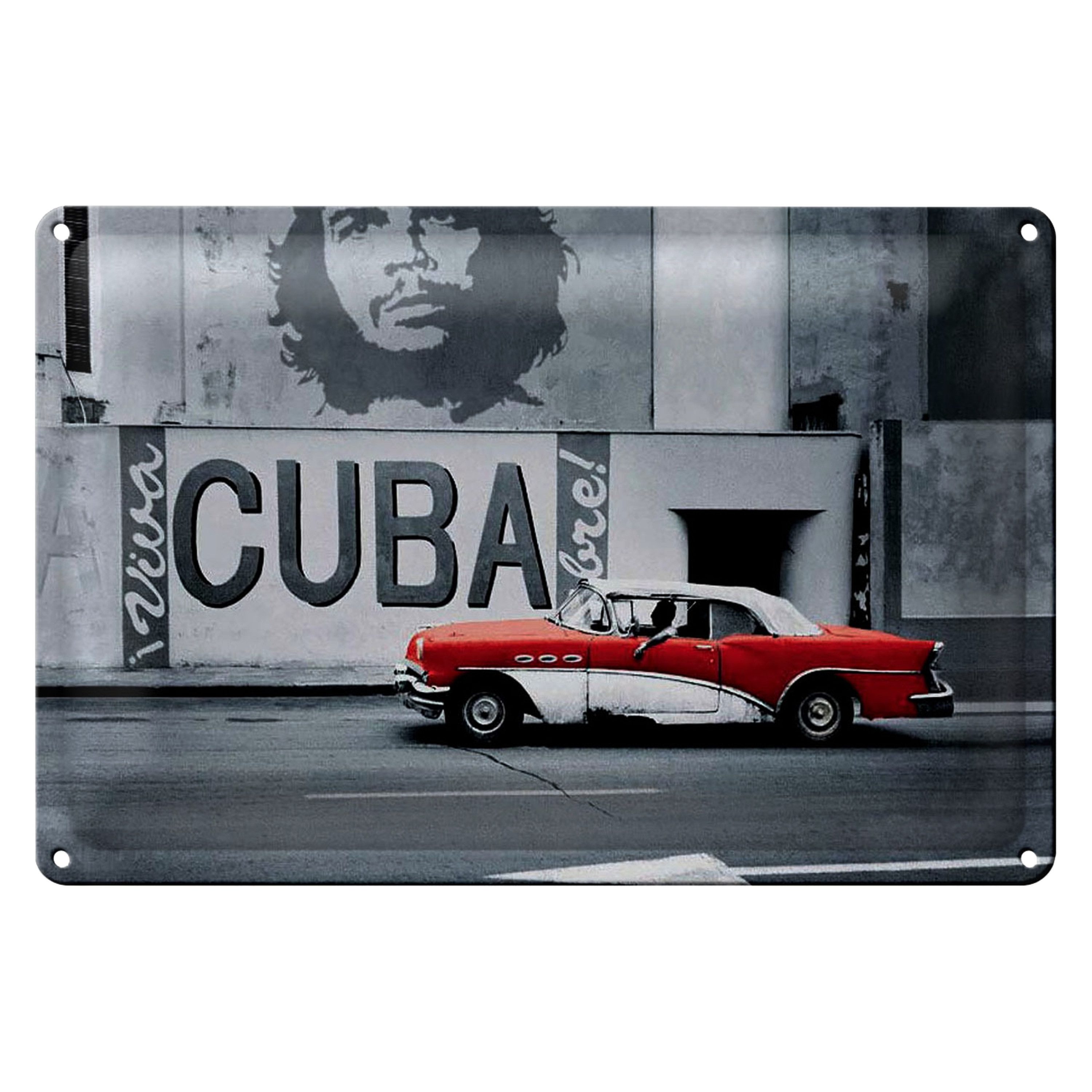 Roomando Metallschild 30x20cm Kuba Wandmotiv Che Guevara Auto rot-weißer Oldtimer Havanna