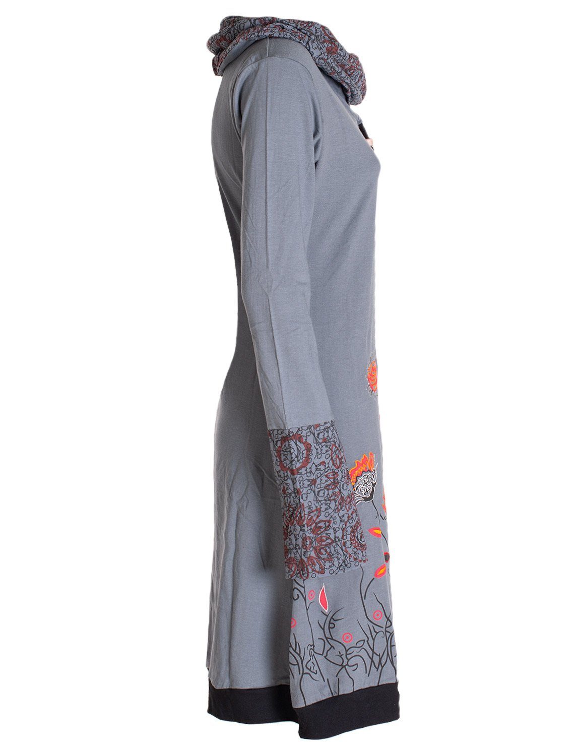Vishes Jerseykleid Blumen-Kleid Langarm-Shirtkleid Schal-Kragen Baumwolle Hippie, Goa, Ethno Elfen Style