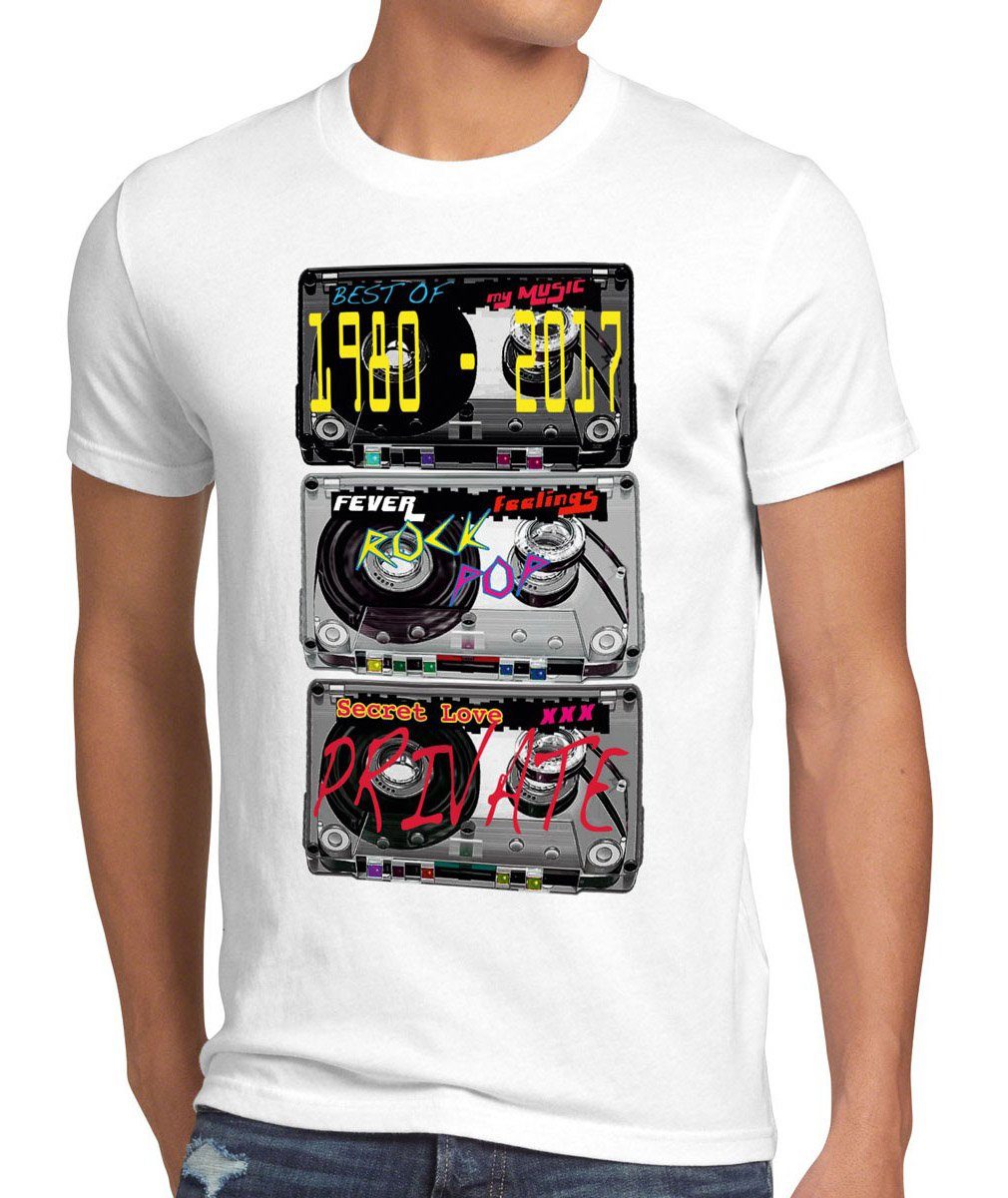 style3 Print-Shirt Herren T-Shirt Music disc retro musik disco tape kassette player 80er pop dj top weiß