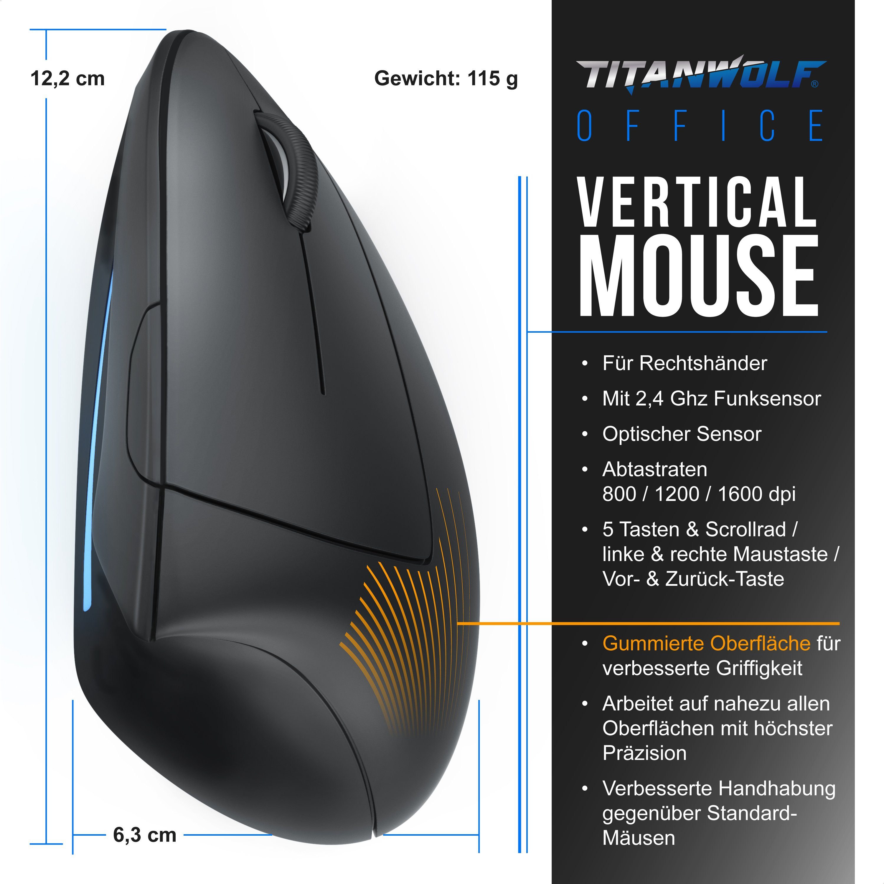 Titanwolf ergonomische Maus (Funk, 1600 kabellos, Vertikal, dpi) 2,4 Armschonend, optisch, Ghz