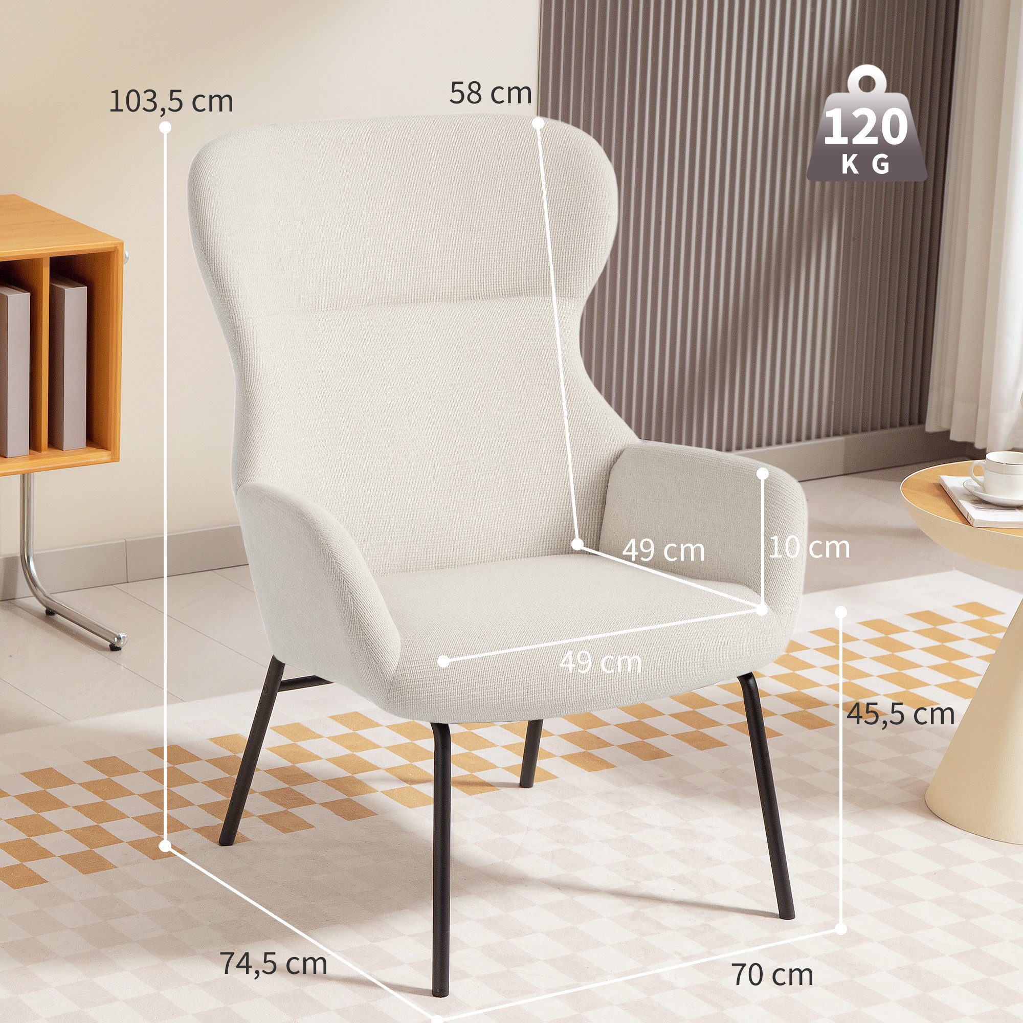HOMCOM Relaxsessel Ohrensessel Wohnzimmer Sessel mit hoher Rückenlehne, Stahlbeine (Polstersessel mit Leinenoptik, 1-St., Stahlbeine Polstersessel mit Leinenoptik), Lesesessel für Schlafzimmer Cremeweiß