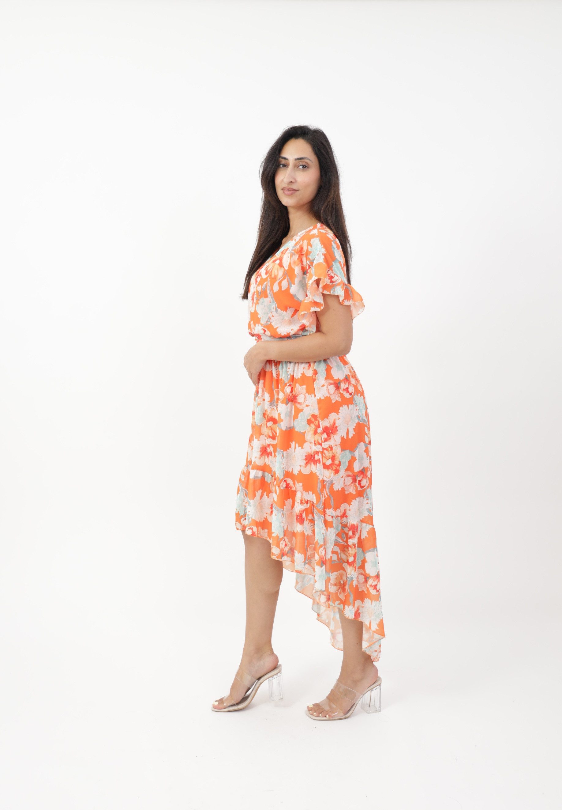 Elara Sommerkleid Damen Vokuhila Kleid – Chiffon Sommerkleid mit Floral Blumenmuster mit Muster