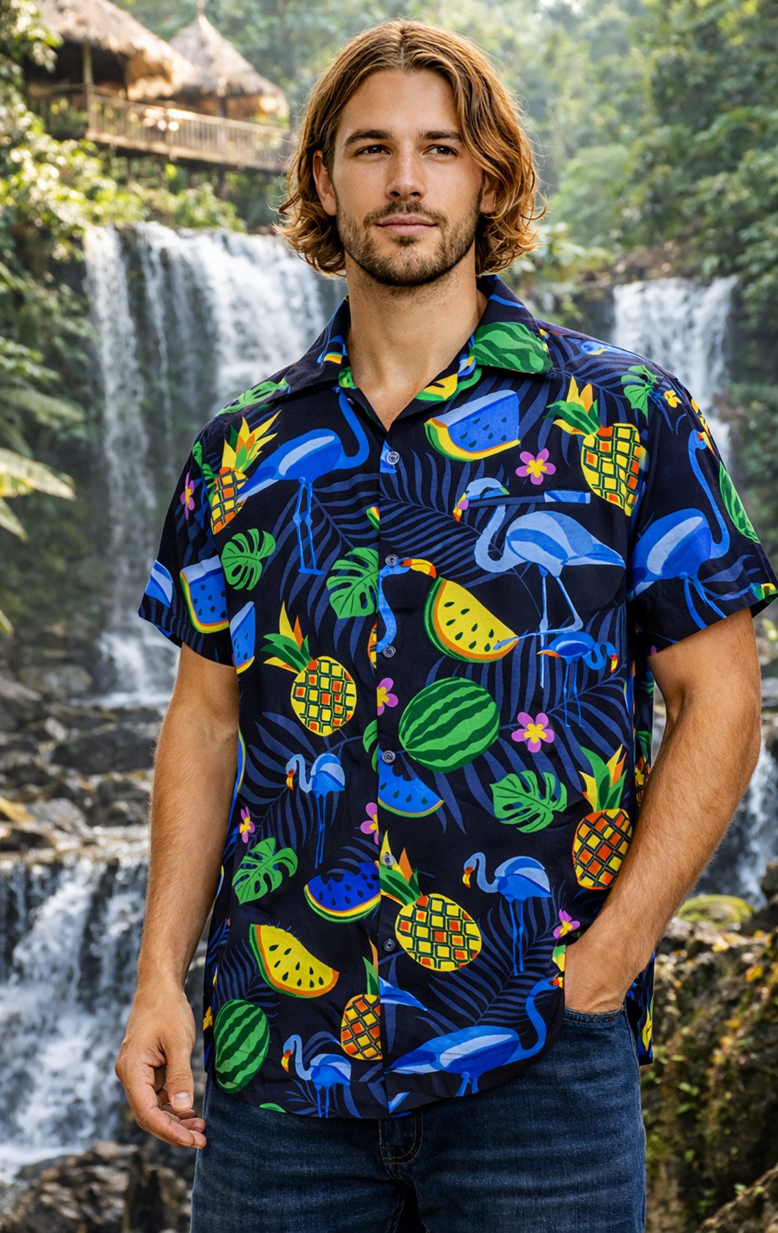 King Kameha Hawaiihemd "Flamingo Melone" Funky Hawaiihemd Herren Kurzarm Fronttasche Stylish