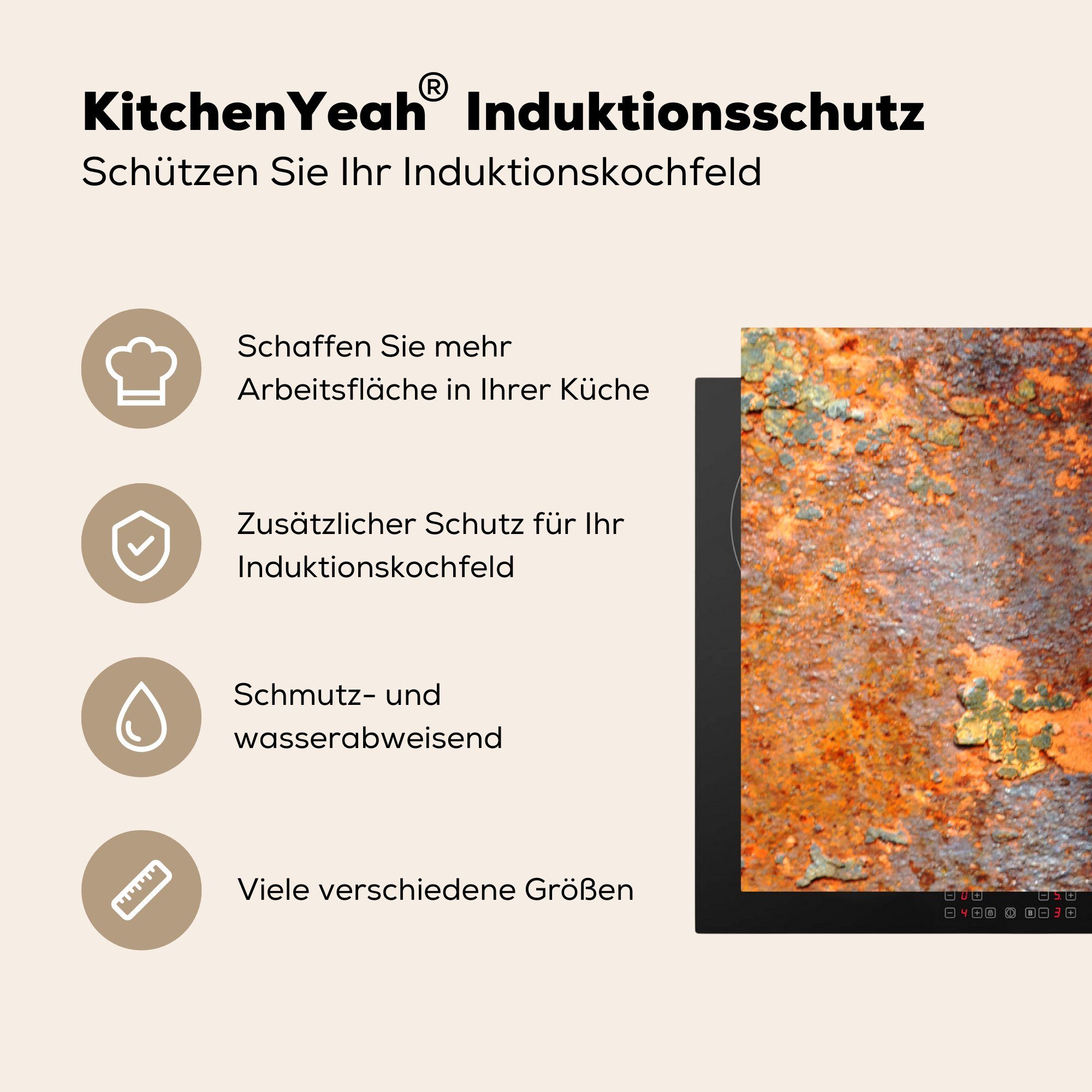 Platten Vinyl, - Rost Metall, Arbeitsplatte MuchoWow küche für (1 - - 83x51 Herdblende-/Abdeckplatte Kochfeld Ceranfeldabdeckung, Induktionsschutz - cm, tlg),