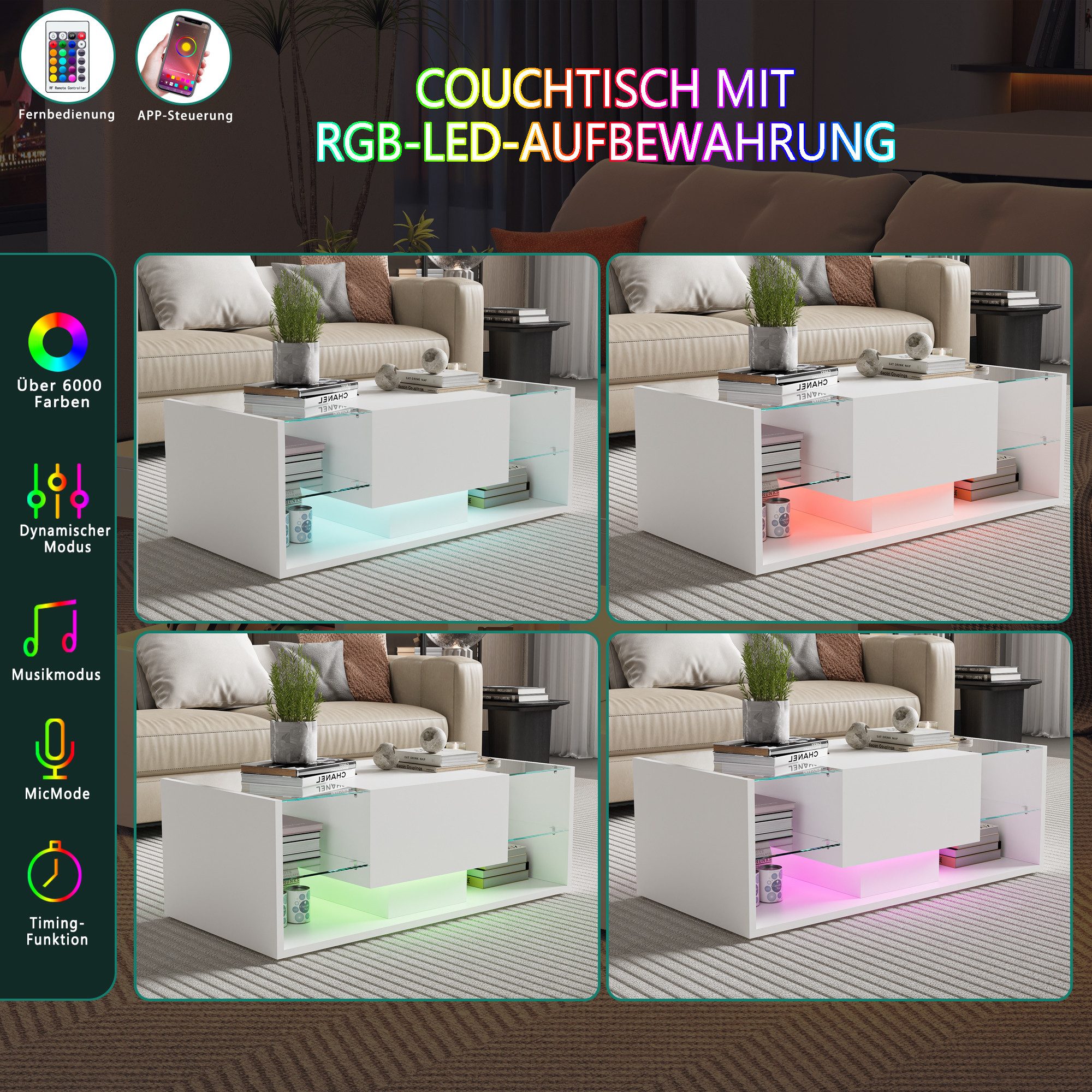 Furnishings Home Couchtisch Schreibtisch Beistelltisch LED (Hochglänzender quadratischer, 100 x 50 x 35 cm), Mit Vier Fächer und 16-farbigen variablen LED-Beleu – Bild 5 von 5