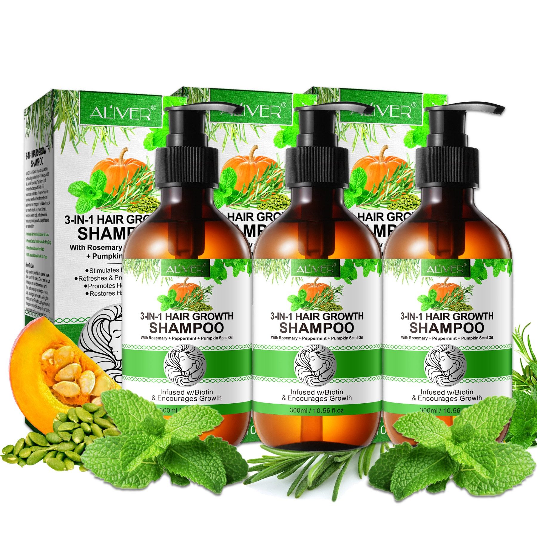 ALIVER Haarshampoo Rosmarin Minze Kürbis Öl mit Biotin für Kopfhaut Pflege Haarwachstum, 3-tlg., Enthält Mineralien, Enthält Vitamine, Ohne Tierversuche