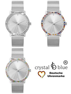 crystal blue Quarzuhr Damenuhr silber 62 Zirkonia Kristalle Mesharmband mit Clip Schließe, kostenlose Lieferung