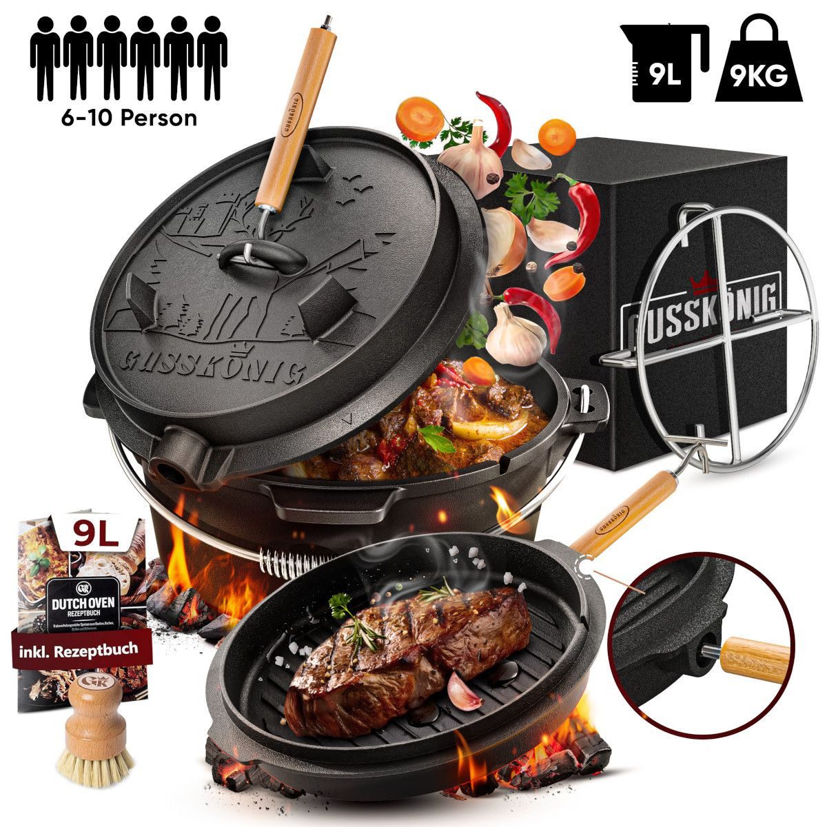 GUSSKÖNIG Schmortopf Dutch Oven Set 9 Liter ohne Füßen 2in1 Deckelheber Bürste Rezeptbuch
