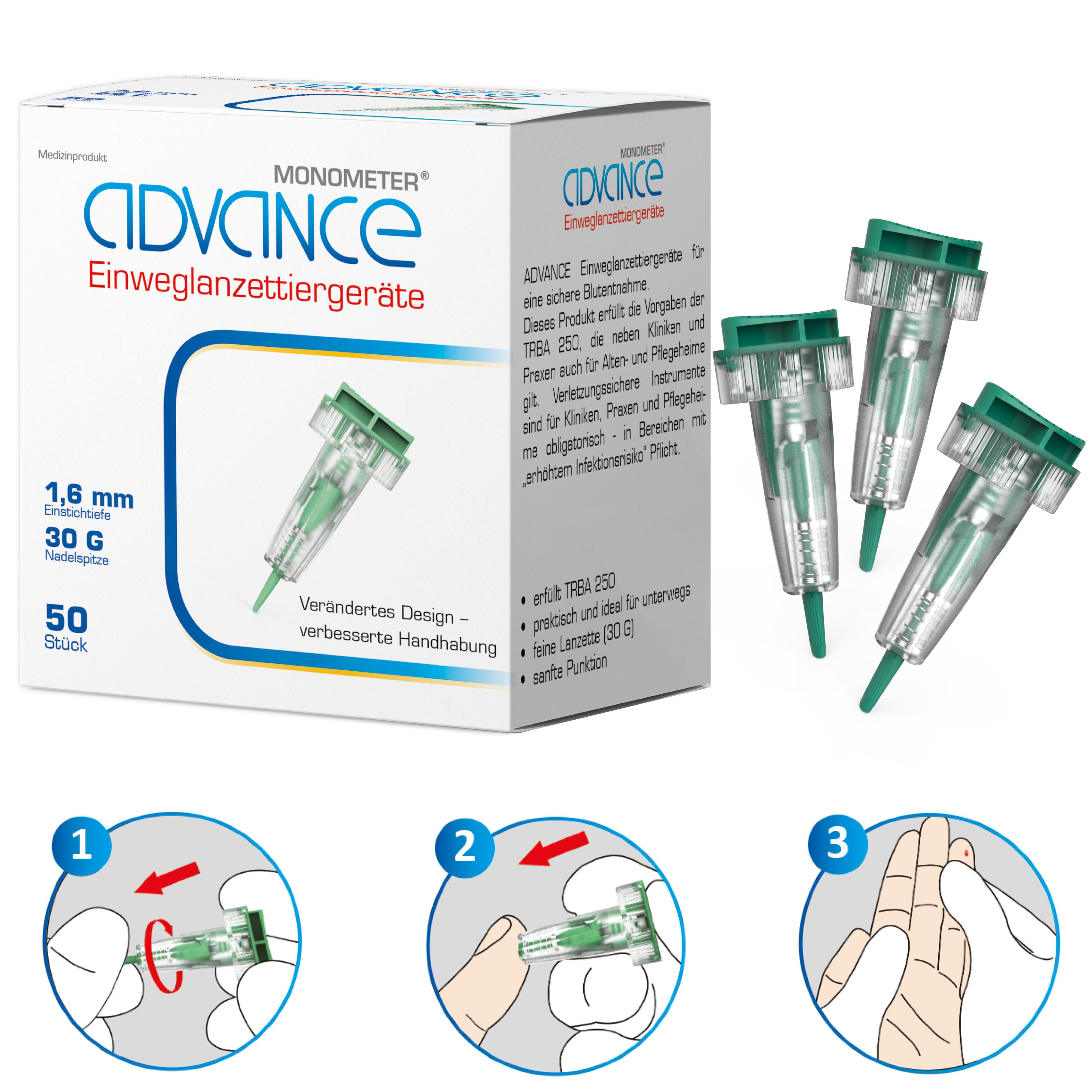 ADVANCE Lanzetten MONOMETER, 30,00G, 50 St., Sicherheits Lanzetten, 50 tlg., Ohne zusätzliche Stechhilfe einsetzbar