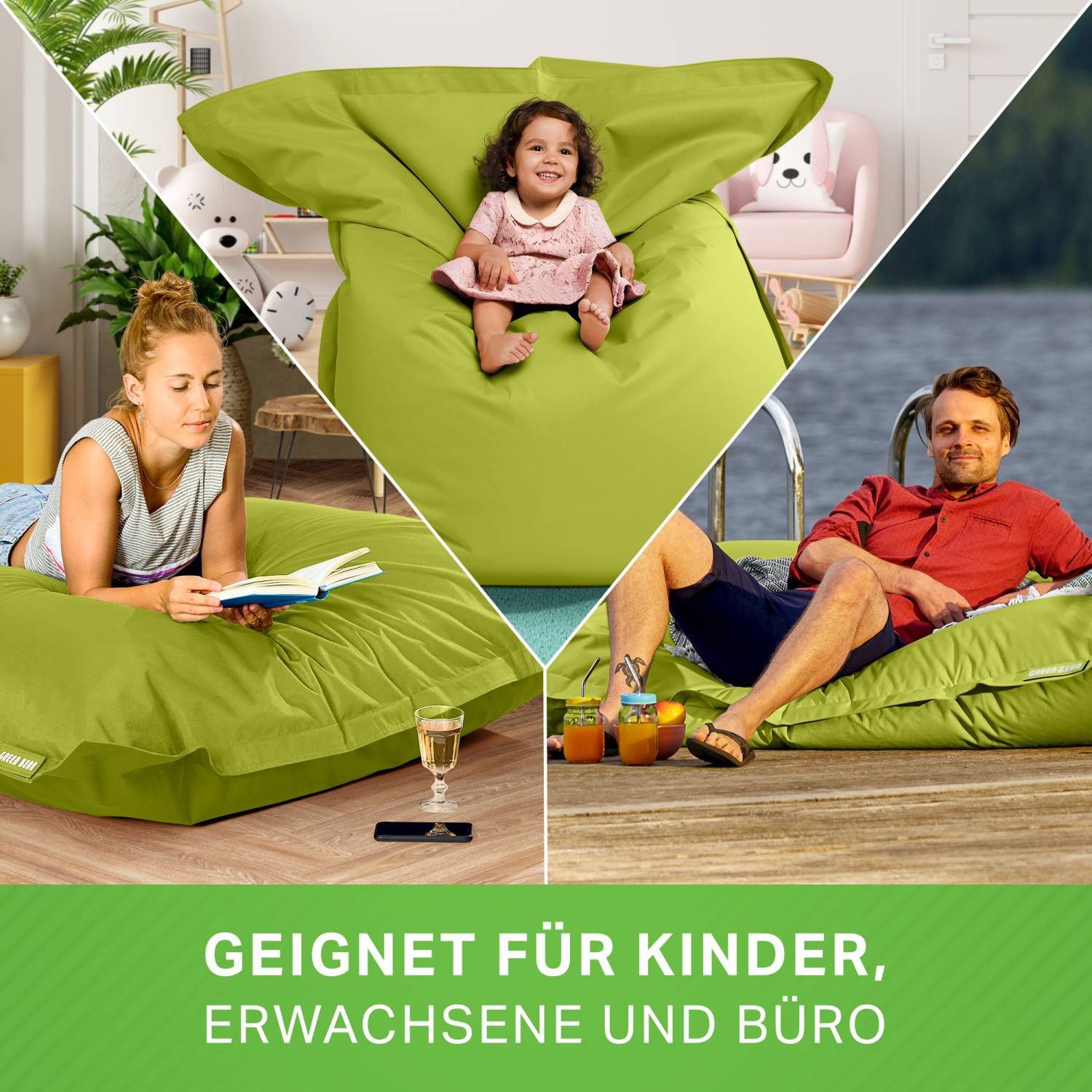 Green Bean Sitzsack XXL Outdoor Sitzsack Square 140x180cm (XXL Riesensitzsack 140x180cm 380 Liter Kinder & Erwachsene Bean Bag EPS Perlen Füllung, Groß Draußen  – Bild 3 von 5