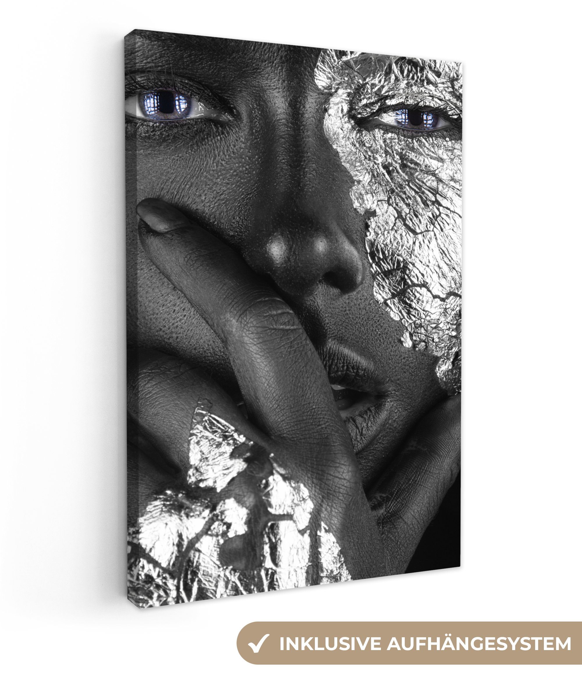 OneMillionCanvasses® Leinwandbild Weiblich Zackenaufhänger, Gemälde, Schwarz fertig (1 Blau, Silber Leinwandbild - cm St), - - bespannt inkl. 20x30
