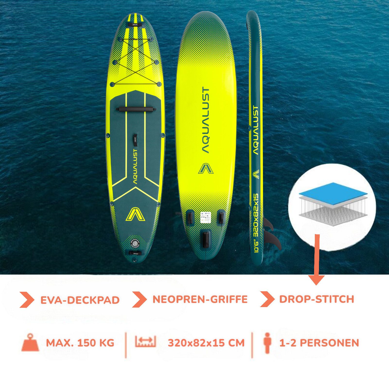 Aqualust SUP-Board AQUALUST 10.6 SUP BOARD 320 cm Set mit Aqua Marina BlueDrive S Motor