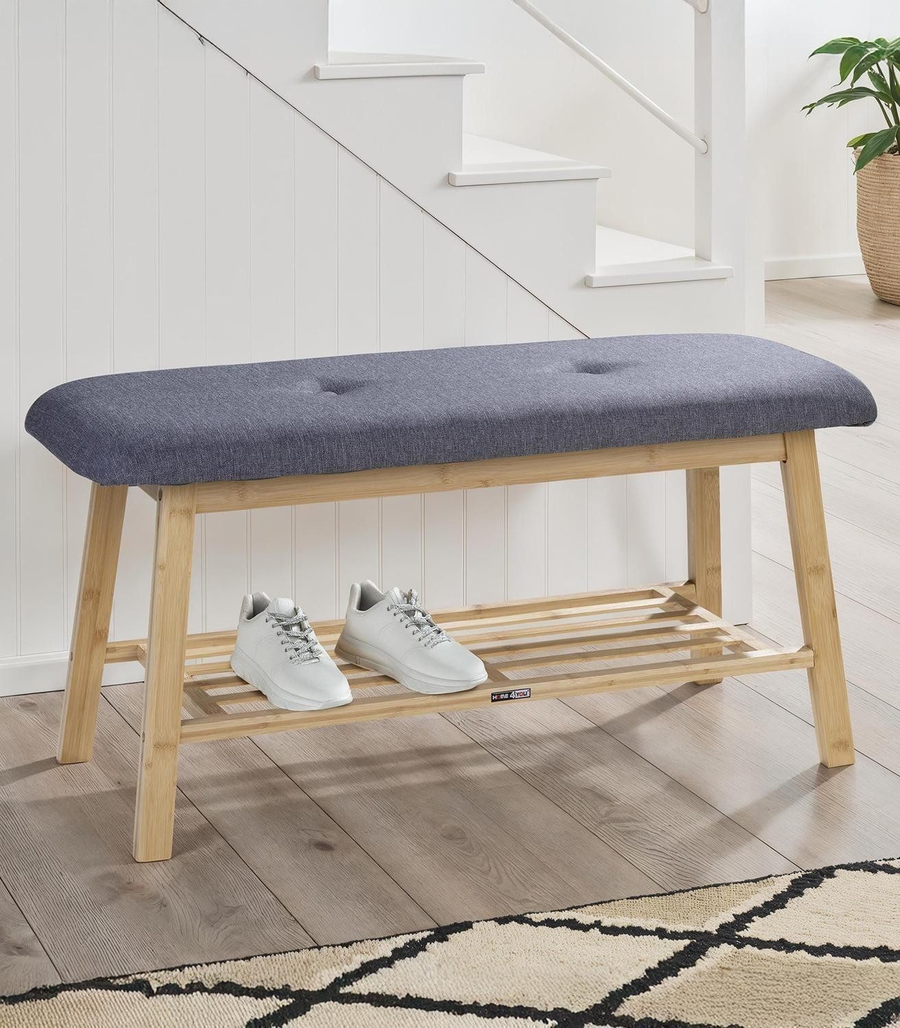 Home4You Schuhbank, Braun, Grau, Bambusholz, Stoffbezug, Ablageflache für bis zu 3 Paar Schuhe