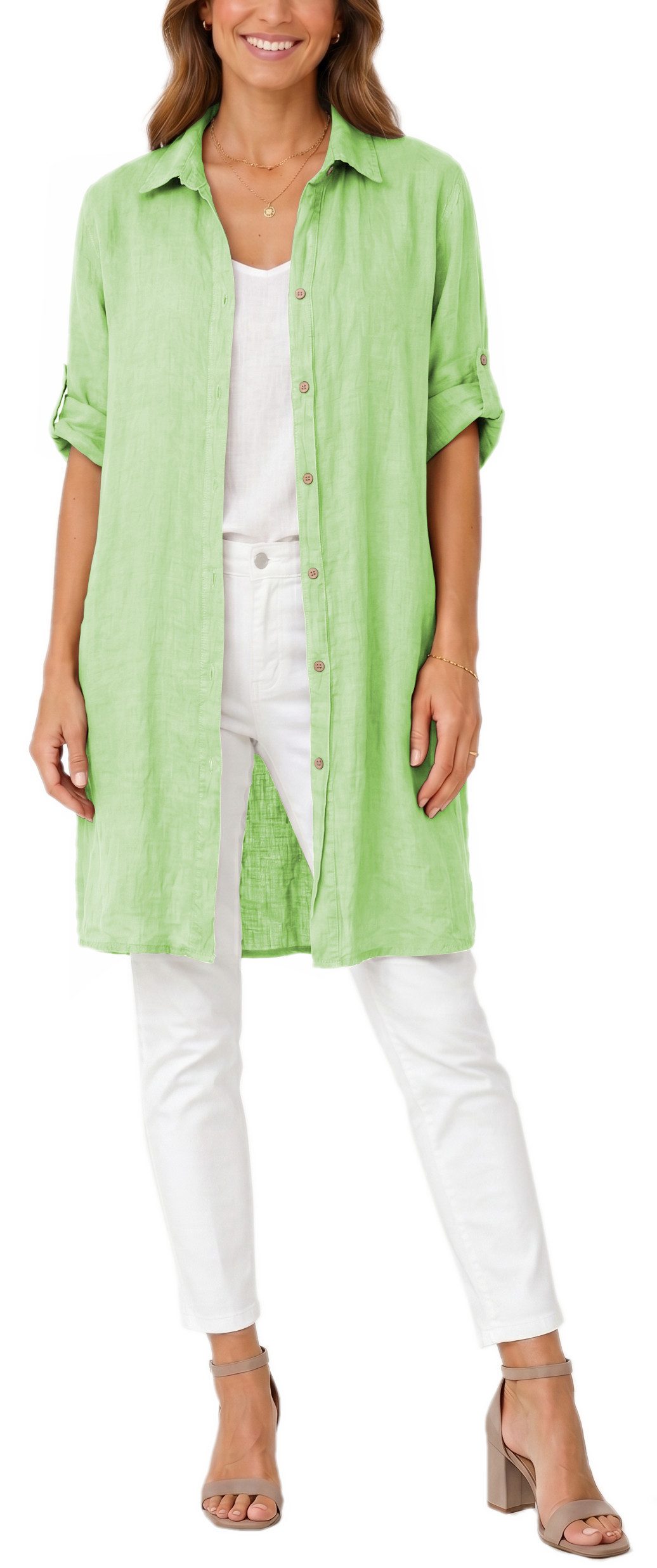 dy_mode Longbluse Damen Leinen Longbluse Sommer Hemdbluse Blusenkleid Luftige Tunika in Unifarbe, mit Knopfleiste