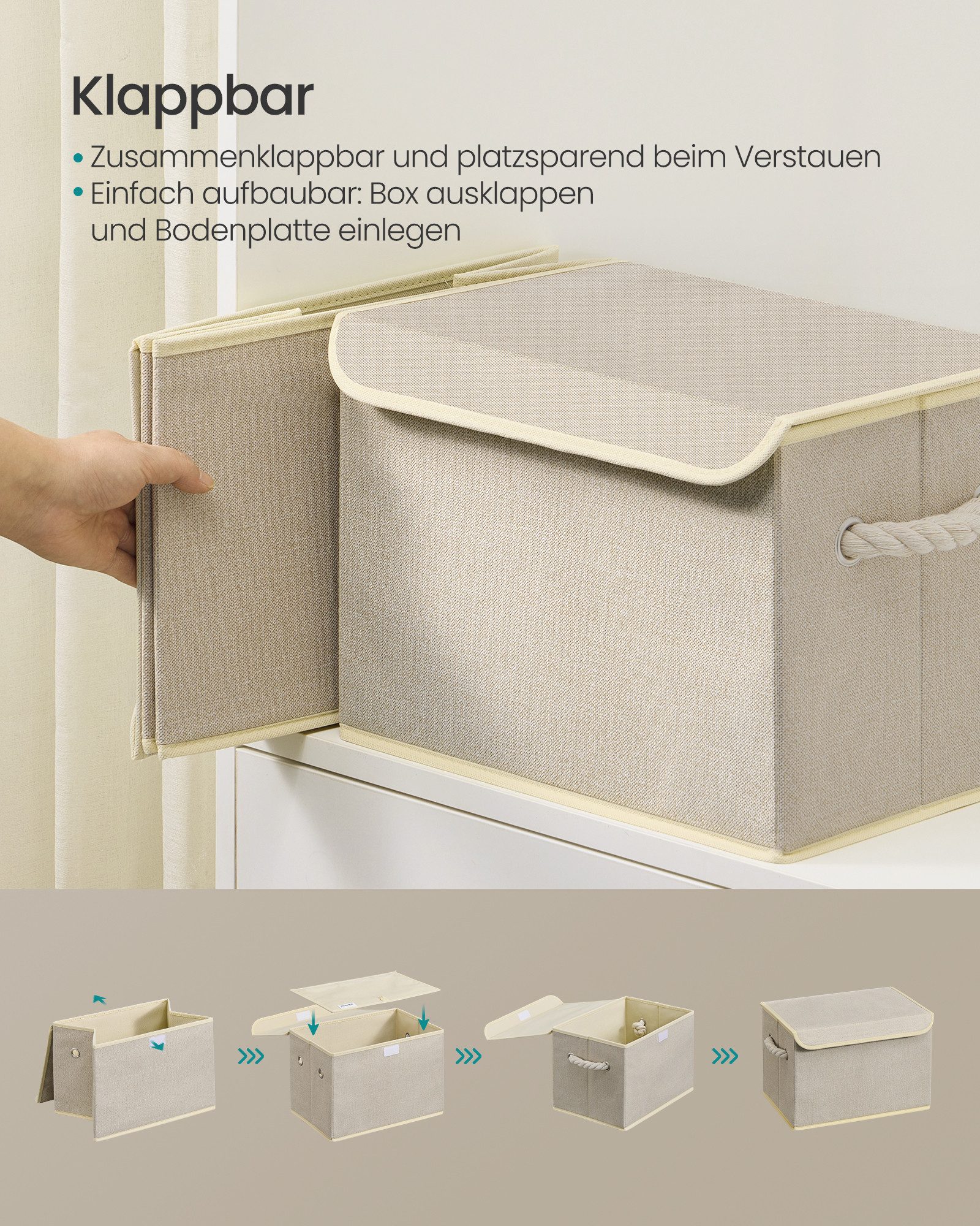 SONGMICS Aufbewahrungsbox 3er Set Stoffboxen klappbar, 38 x 25 x 25 cm, für Schlafzimmer, Wohnzimmer, mit Deckel, Griffe – Bild 5 von 5