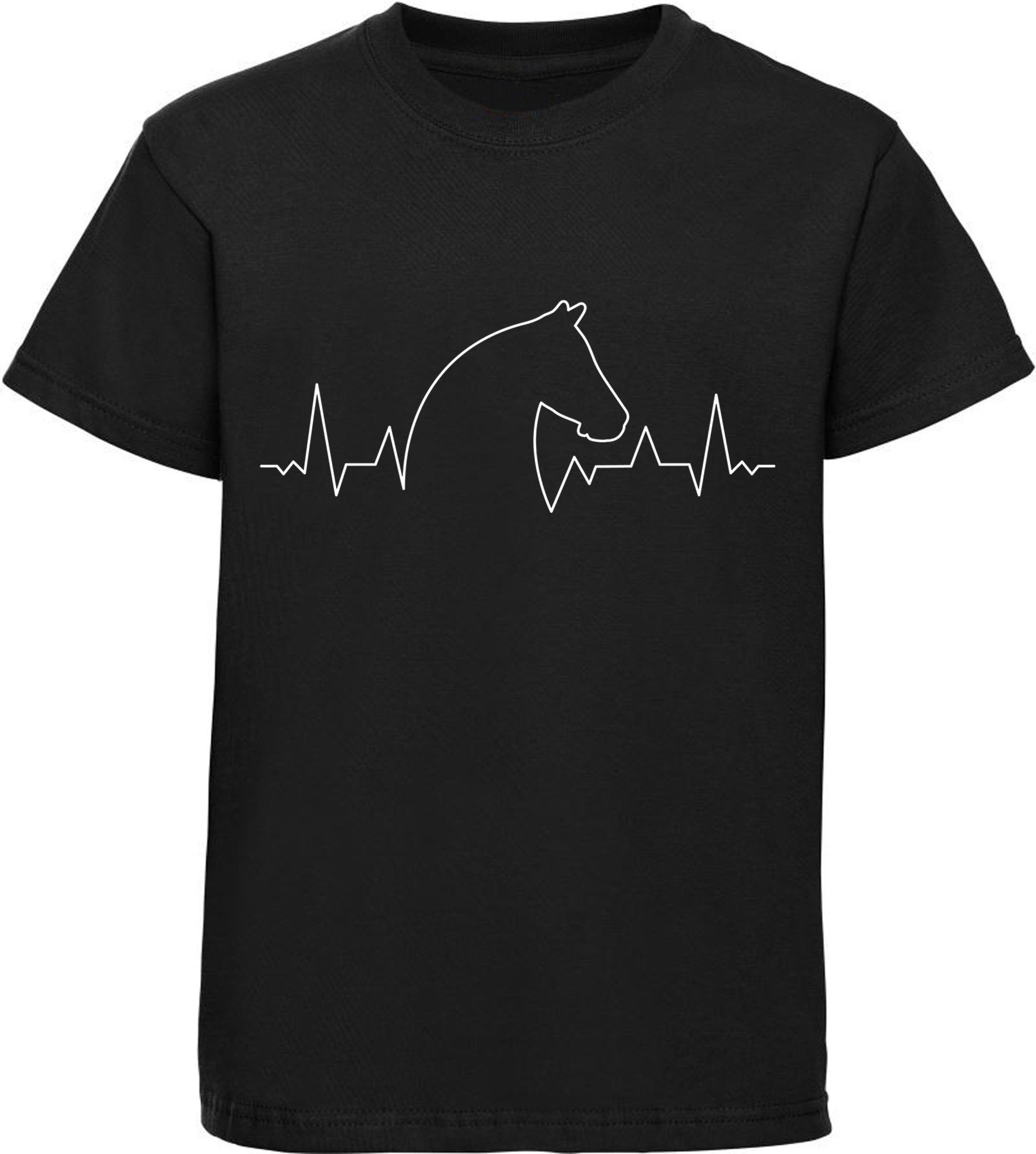 mit Baumwollshirt schwarz Herzschlaglinie bedrucktes mit T-Shirt MyDesign24 Print-Shirt Aufdruck, Pferdekopf Kinder i154
