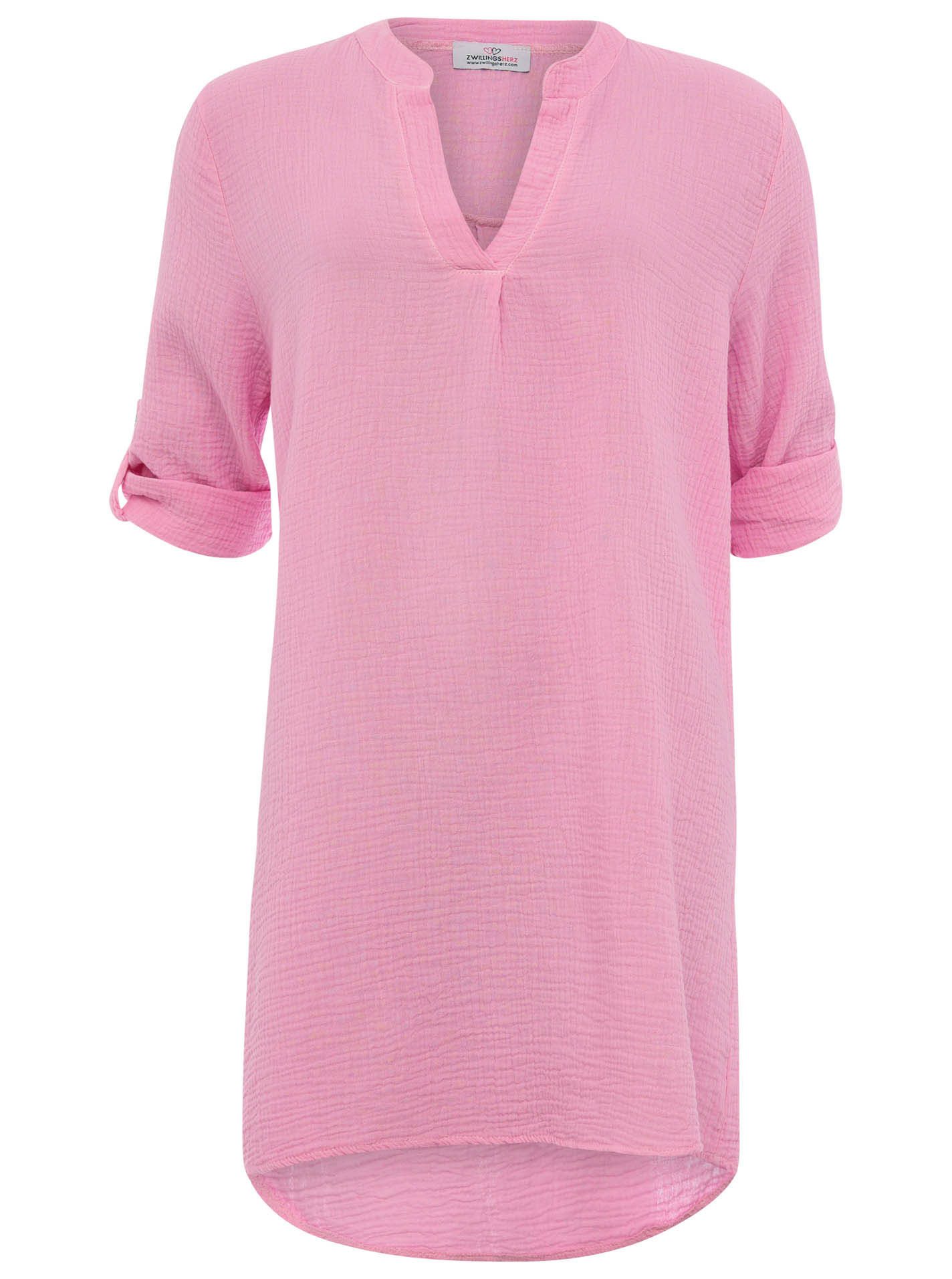 Zwillingsherz Schlupfbluse "Rom" verlängerte Rückenpartie, V-Neck, Turn-Up Ärmel, Musselin
