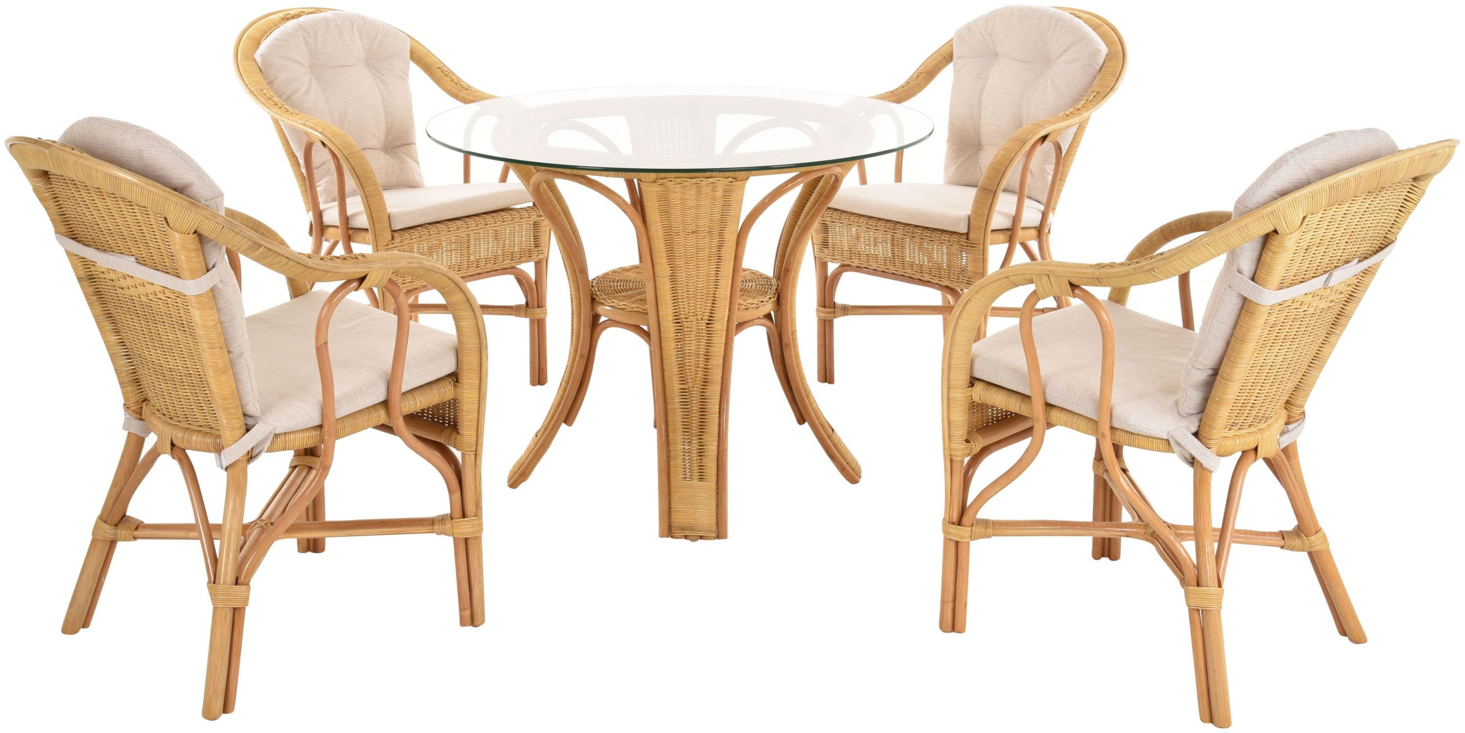 Krines Home Sitzgruppe Set Wintergarten Rattanset ULM Rattangruppe für 4 Personen Rattanmöbel, (5-tlg., 4x Sessel, 1x Tisch mit Glasplatte), Sitzgruppe hoher Tisch
