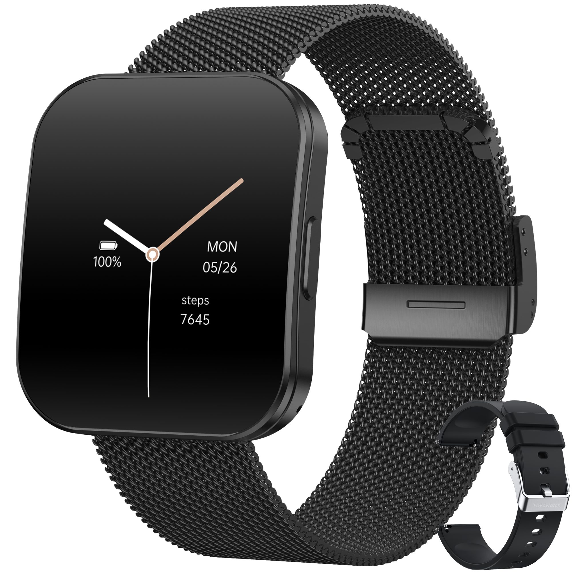 Levowatch TINY Herren Smartwatch, 8mm flach, Sprachassistent, AMOLED Always-On Smartwatch (4,7 cm/1.9 Zoll, Android und iOS) Fitness Tracker Uhr, 3 Armbänder, BT5.3, wasserdicht, robustes Alu-Gehäuse, 4-teilig, Schrittzähler, Puls, SpO2, Blutdruck, Schlafüberwachung, Anruffunktion