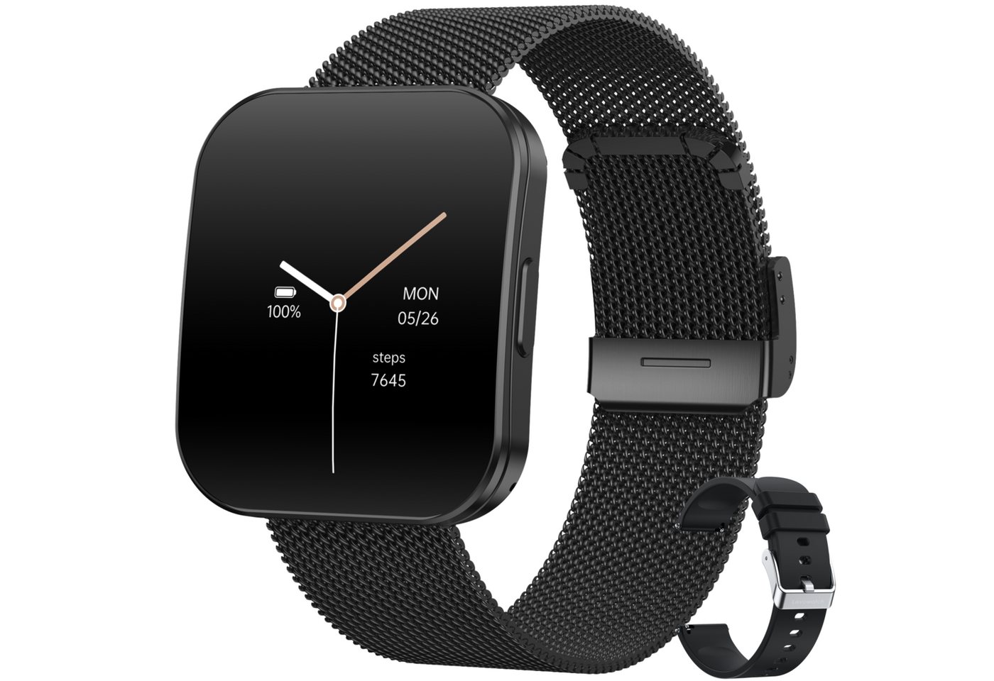 Levowatch TINY Herren Smartwatch, 8mm flach, Sprachassistent, AMOLED Always-On Smartwatch (4,7 cm/1.8 Zoll, Android und iOS) Fitness Tracker Uhr, 3 Armbänder, BT5.3, wasserdicht, robustes Alu-Gehäuse, 4-teilig, Schrittzähler, Puls, SpO2, Blutdruck, Schlaf