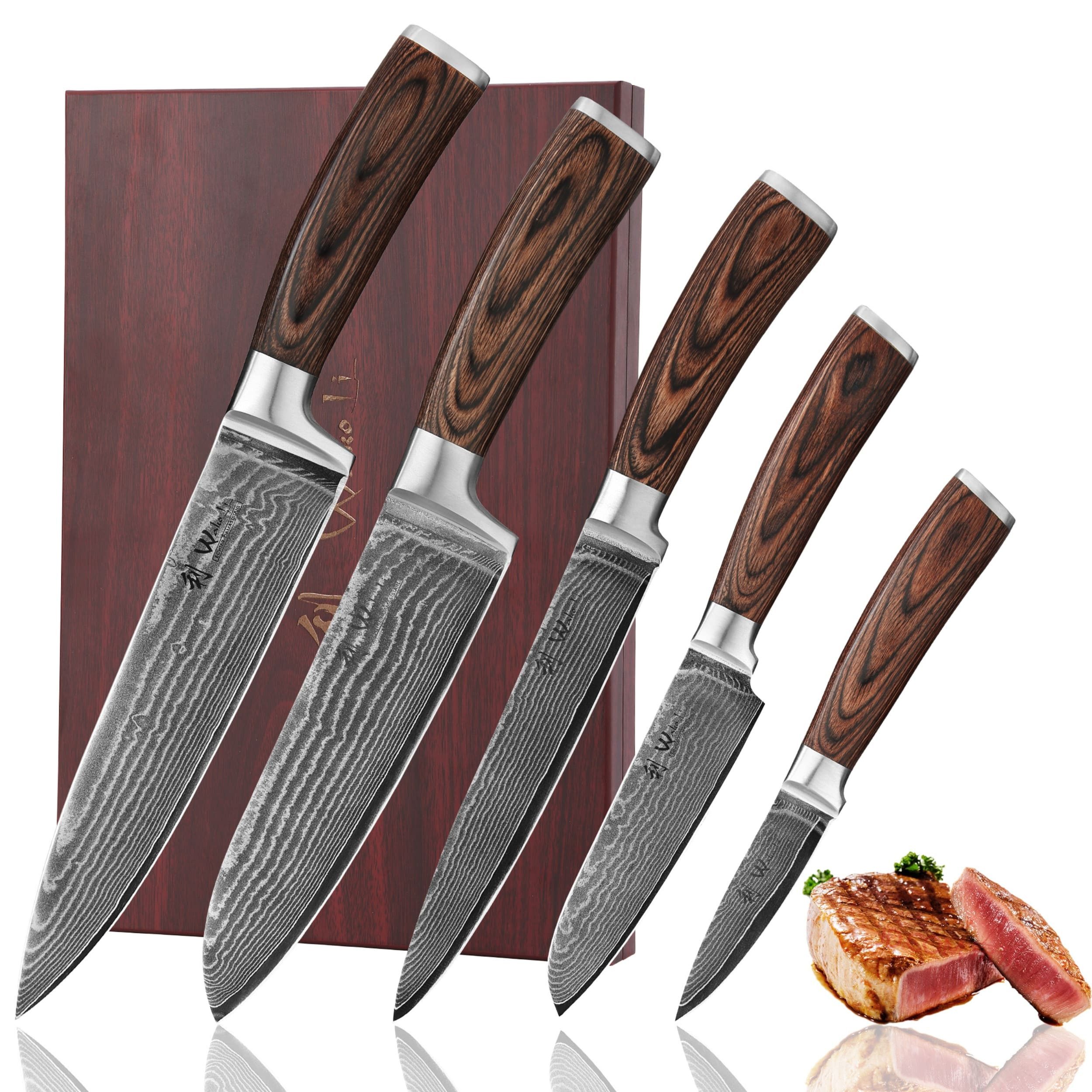 Wakoli Messer-Set Edib 5er Damastmesserset I Holzbox I 8 - 20cm Klinge I Pakkaholzgriff