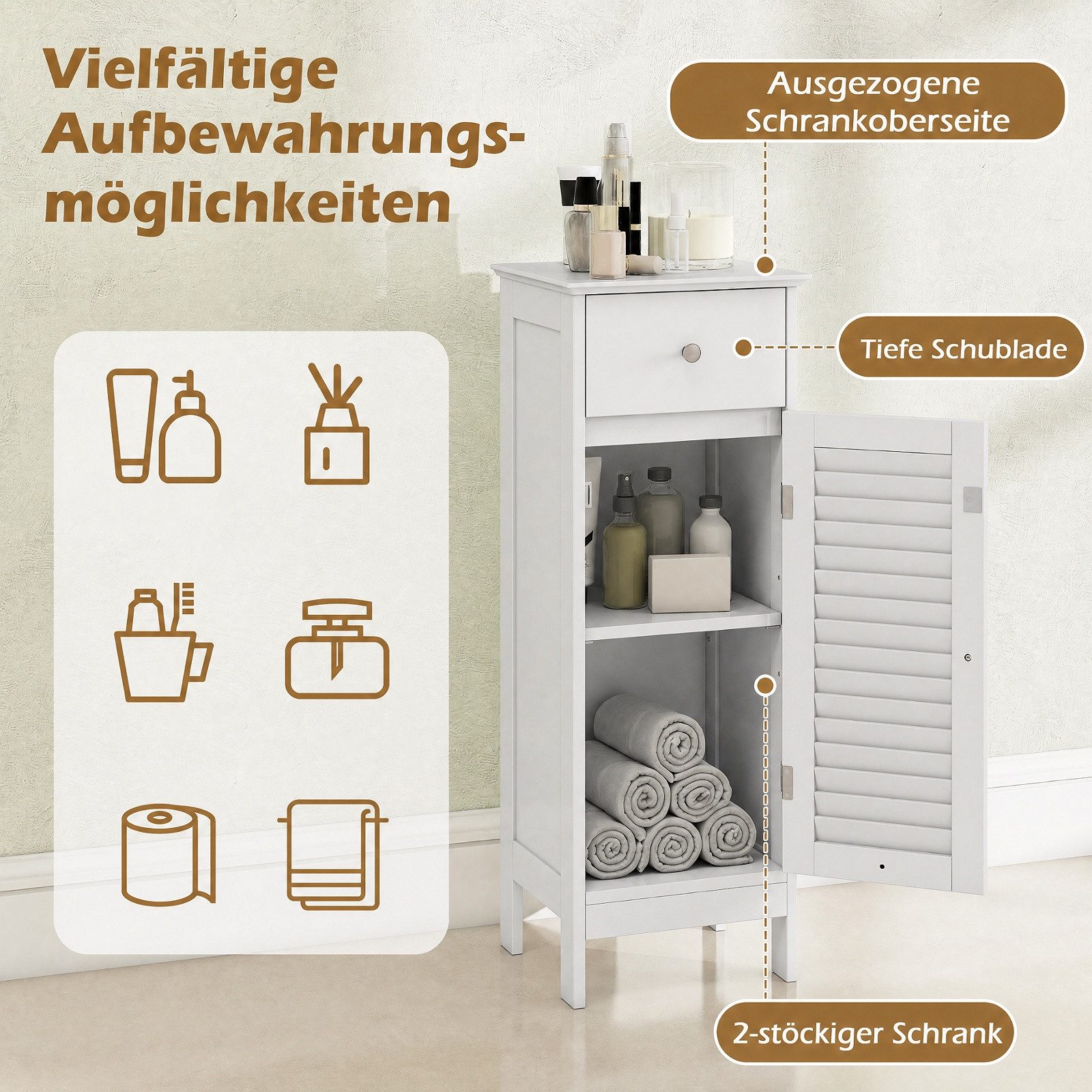 COSTWAY Badkommode, Badezimmerschrank hochschrank, Badschrank schmal